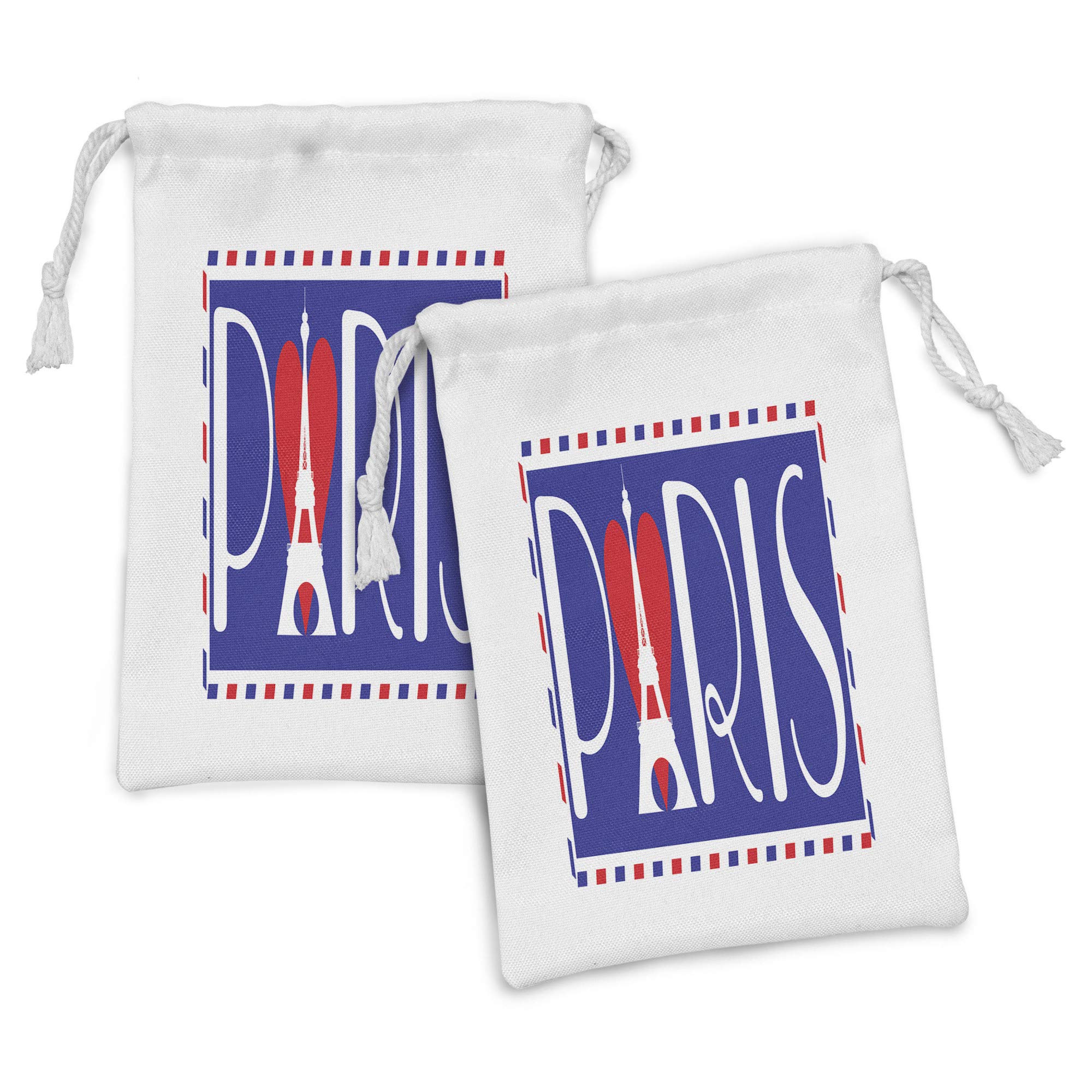 Ambesonne Paris Travel Fabric Pouch Set of 2 - Eiffel Tower Drawstring Bags with Heart Design for Toiletries, Makeup & Gifts (9