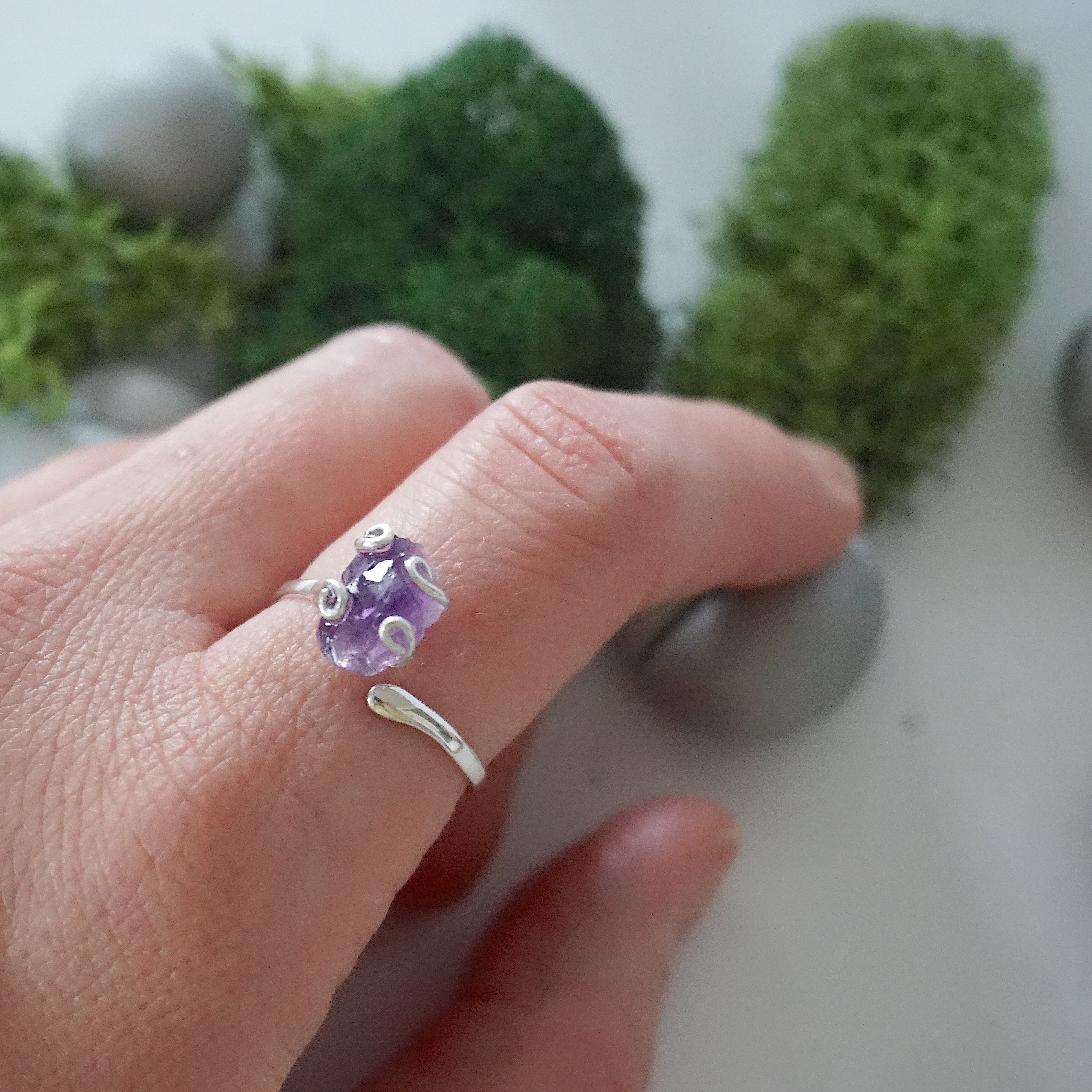 Natural Raw Amethyst Adjustable Ring - 925 Sterling Silver Jewelry for Women - Boho Chic Gift for Her, Meditation & Spiritual Healing Accessory
