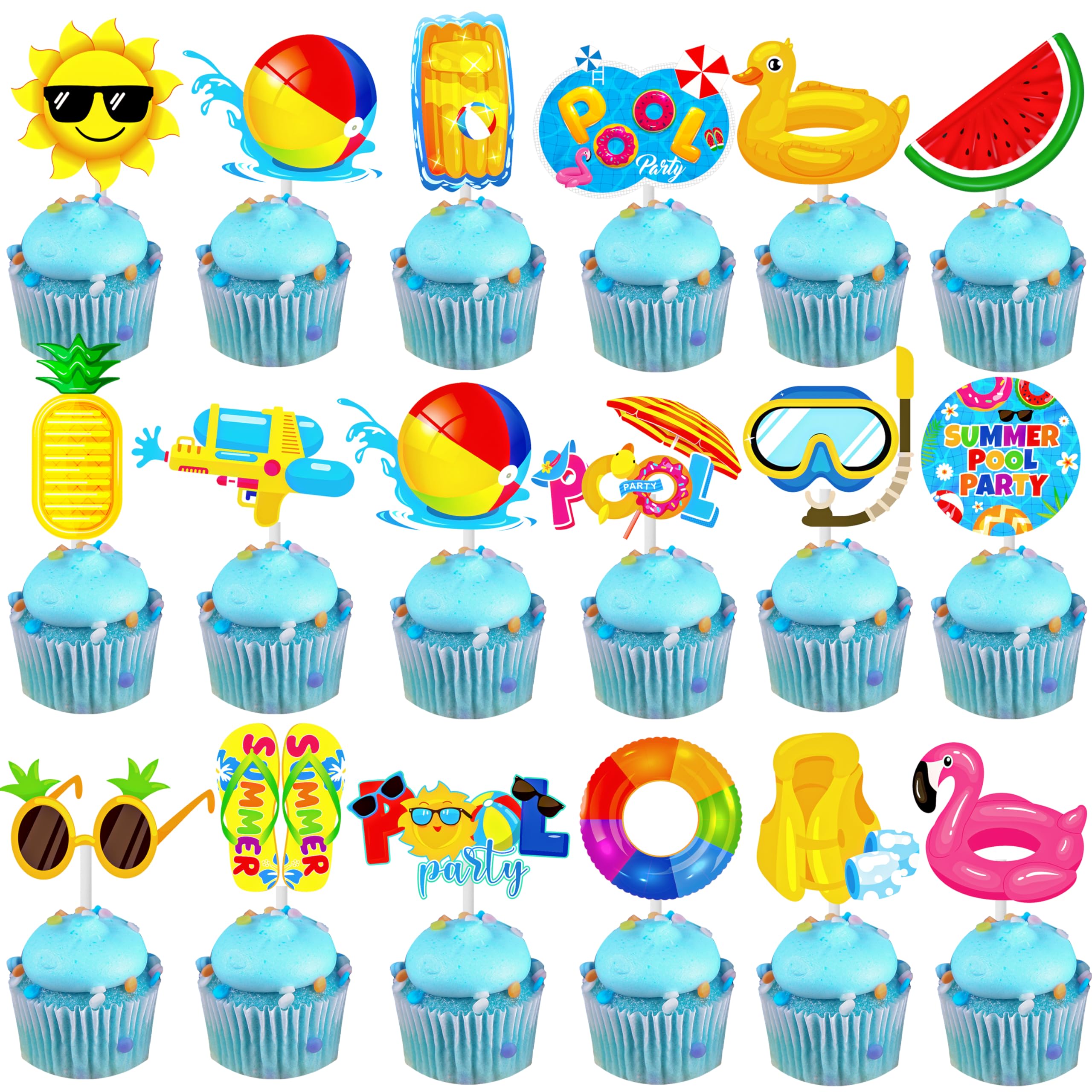 36pcs Summer Pool Cupcake Toppers Decorations - Tropical Beach Theme Party Supplies for Birthdays, Weddings, Baby Showers & Pool Parties - Perfect for Hawaiian Luau, Beach Bash & Summer Celebrations