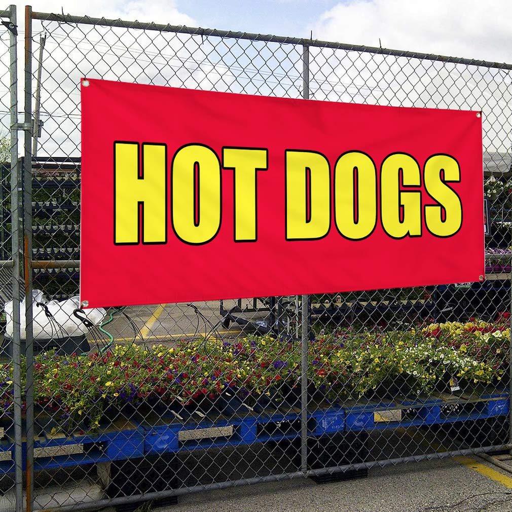 Hot Dogs Food Fair Vinyl Banner - Weatherproof Outdoor Restaurant & Business Promotion Sign (24x36 Inches, 4 Grommets, Red) - Perfect for Yard Sales, Food Trucks, and Outdoor Events