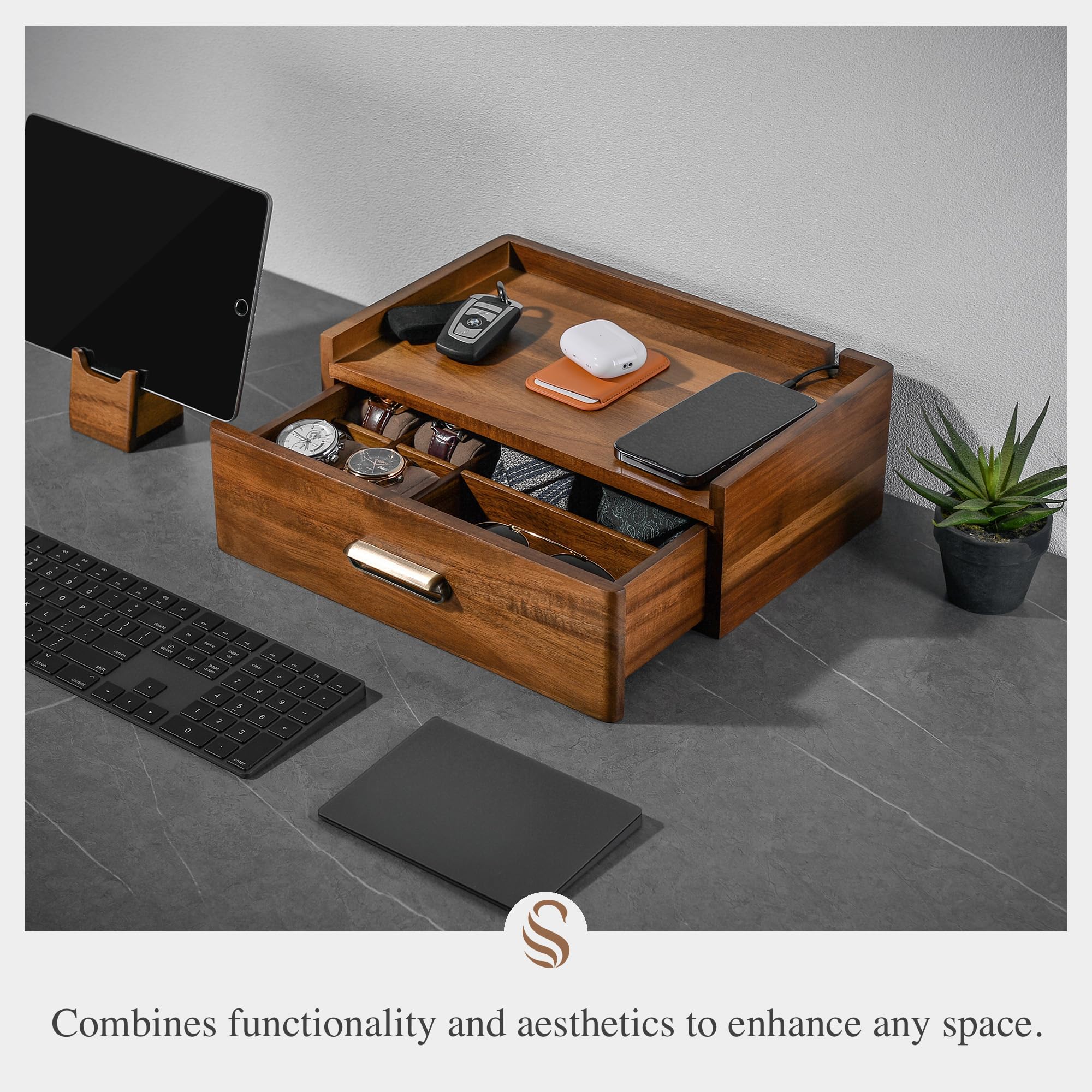 Premium Engraved Wood Docking Station Organizer - EDC Tray, Sunglasses Holder & Phone/Watch Stand | Perfect for Office, Bedroom & Travel | Unique Christmas Gift Idea