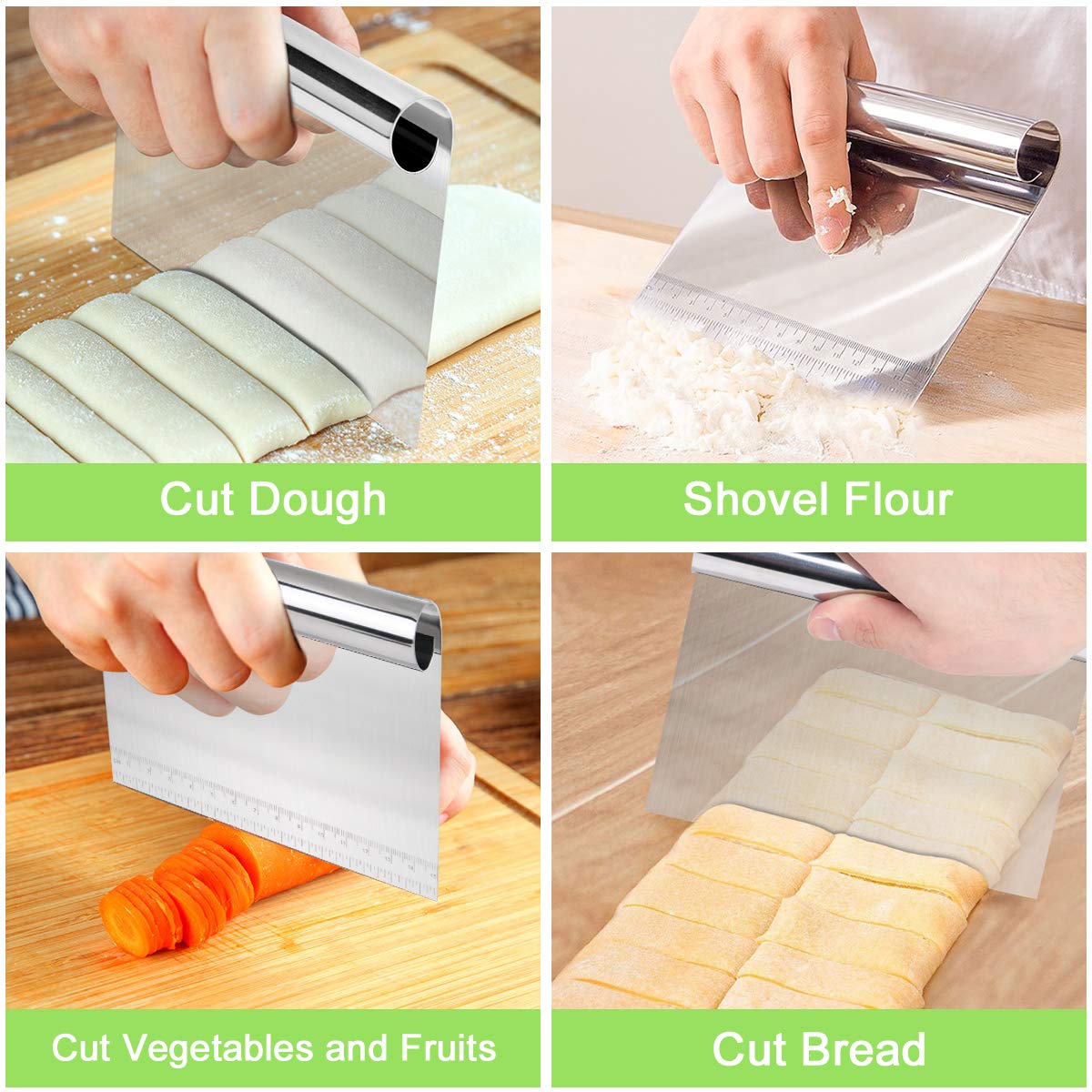 Vicloon 3-Piece Stainless Steel Dough Scraper Set with Handle & Measuring Scale - Flexible Baking Spatula for Pizza, Pastry, Bread Dough & Cake Decorating - Perfect for Home Bakers & Professional Kitchens