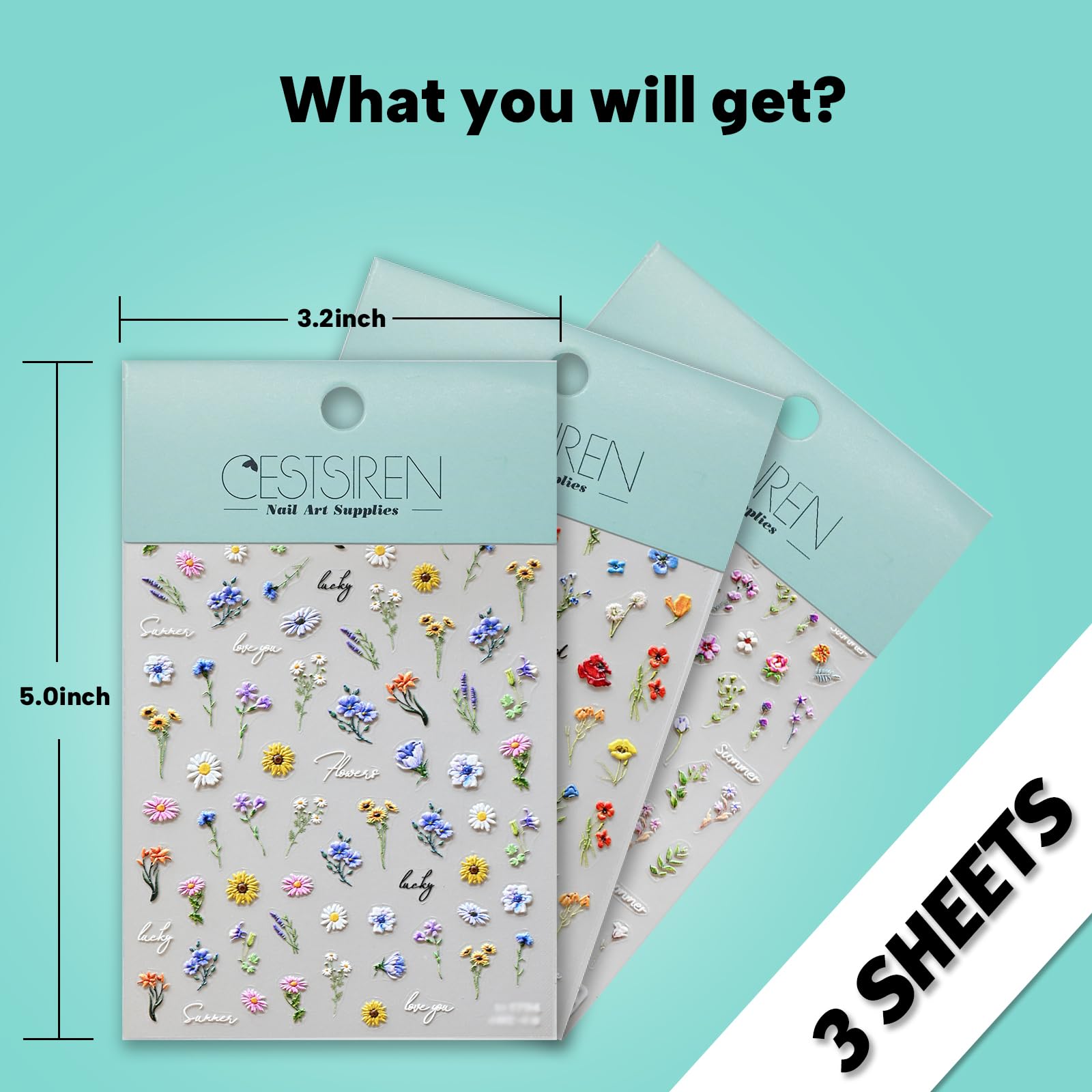 3D Embossed Flower Nail Art Stickers - Self-Adhesive Nail Decals for Spring & Summer Nail Designs | Women's Nail Art Accessories & Supplies (3 Sheets) - Perfect for DIY Manicures, Salon Nail Art, and Special Occasions