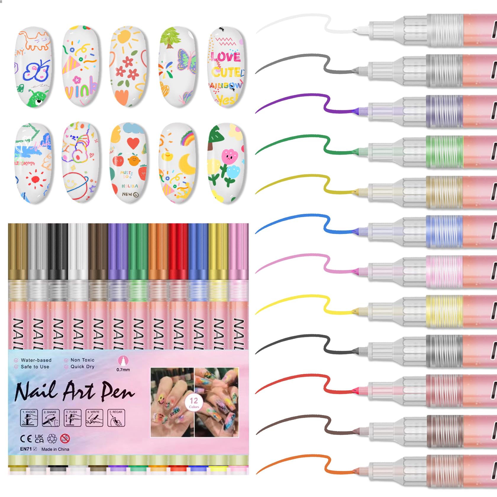 Professional 3D Nail Art Pen Set - 12 Color Acrylic Paint Nail Polish Pens for Drawing, Liner & Dotting - DIY Nail Design Kit for Salon, Home Manicure & Party Nail Art