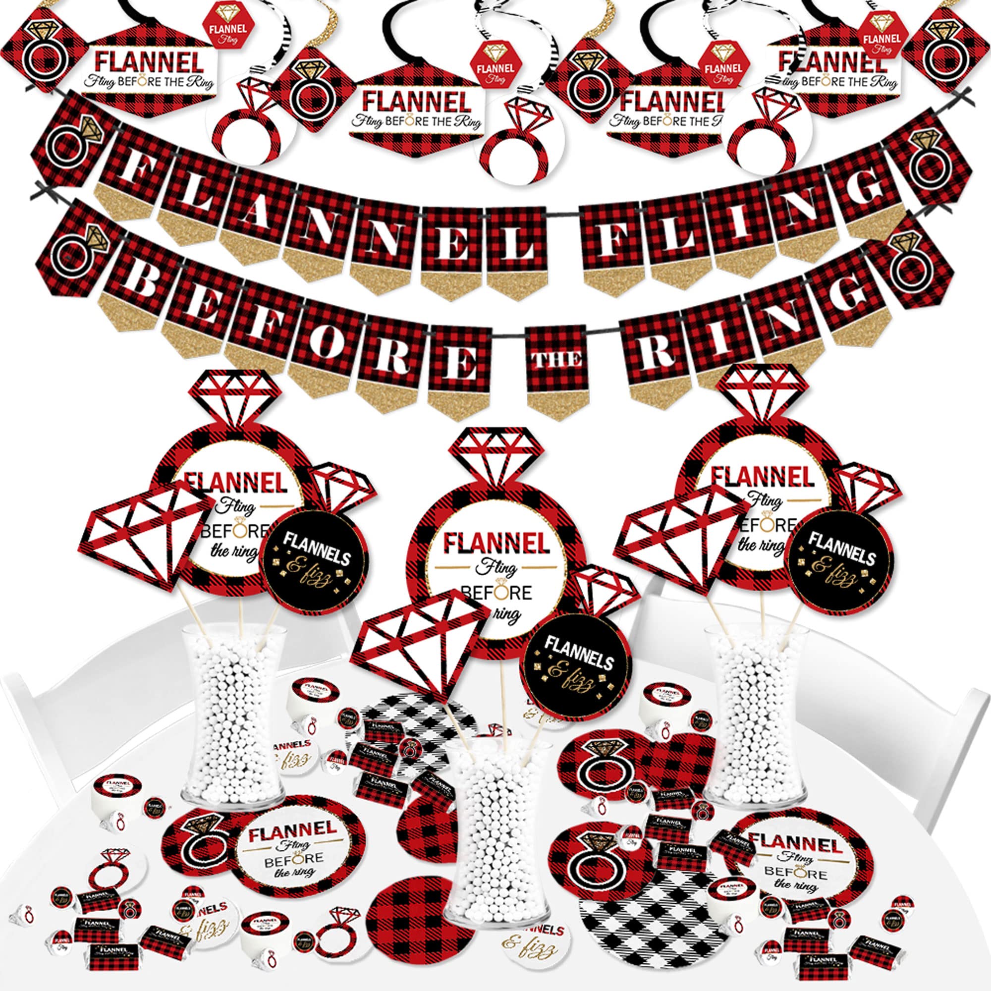 Big Dot of Happiness Flannel Fling Before the Ring - Buffalo Plaid Bachelorette Party Banner & Decorations Kit - Wedding Shower Supplies Bundle for Bridal Showers, Girls Night & Pre-Wedding Celebrations