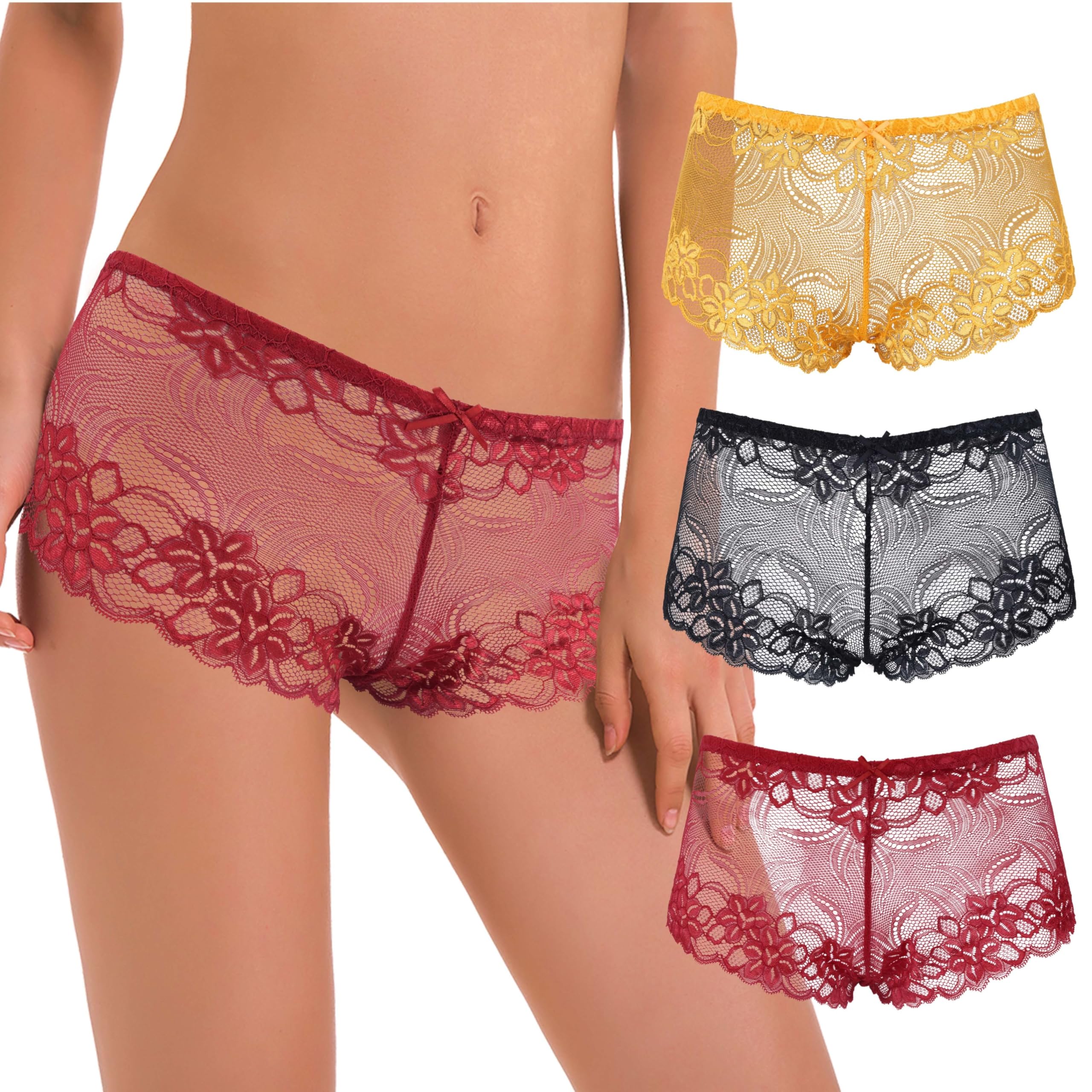 Curve Muse Women's Sheer Lace Tanga Hipster Boyshort Panties Underwear - 6 Pack | Soft Breathable Comfort | Everyday Wear, Sleepwear & Special Occasions