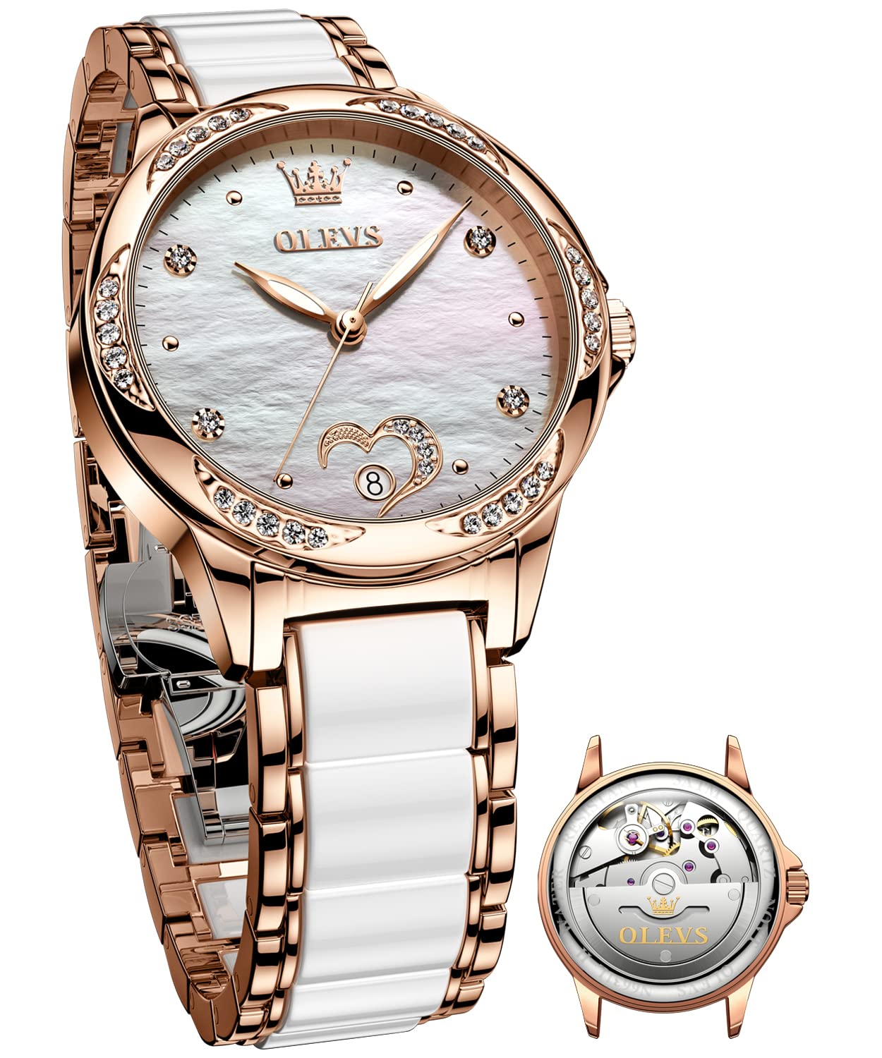 OLEVS Women's Automatic Mechanical Watch - Rose Gold Ceramic Band, Diamond Case, Waterproof & Luminous - Elegant Ladies Wristwatch for Business, Party & Daily Wear