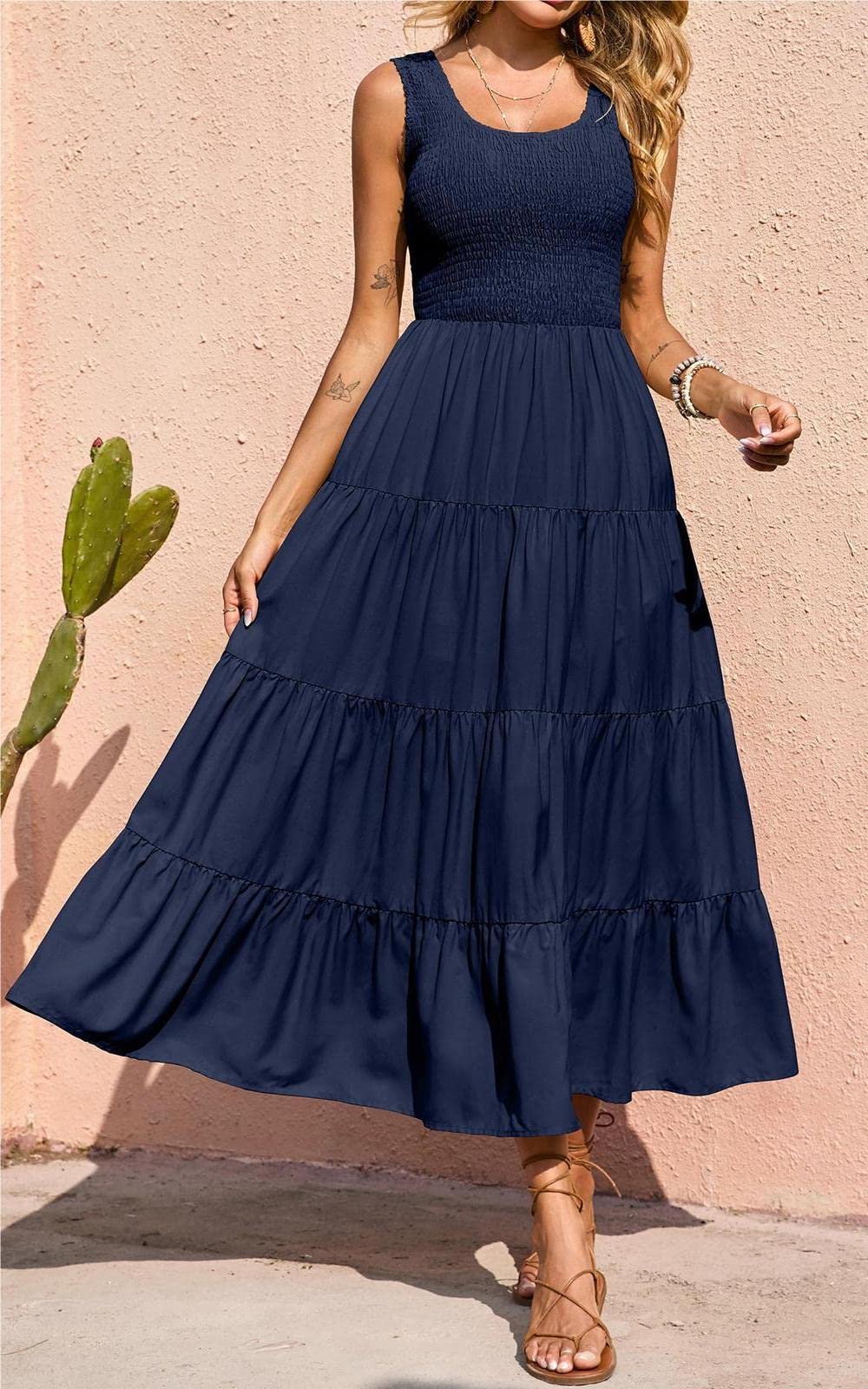PRETTYGARDEN Women's Casual Loose Plain Maxi Sundress - Smocked Tank Dress Sleeveless Summer Beach Tiered Long Dress for Vacation, Pool Party & Outdoor Activities