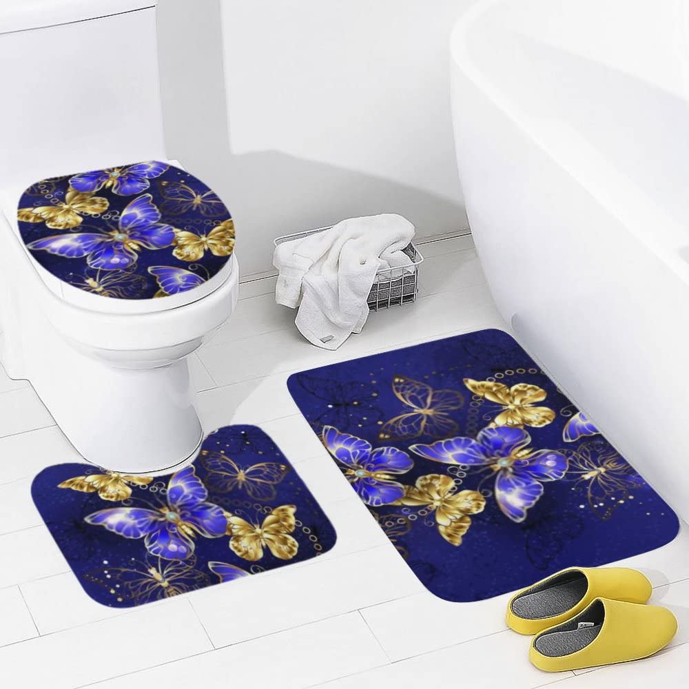 Luxurious Sapphire Gold Butterfly Bath Rug Set - 3 Piece Anti-Slip Absorbent Bathroom Mat with Toilet Lid Cover & U-Shaped Contour Rug - Machine Washable for Bathroom Decor & Safety