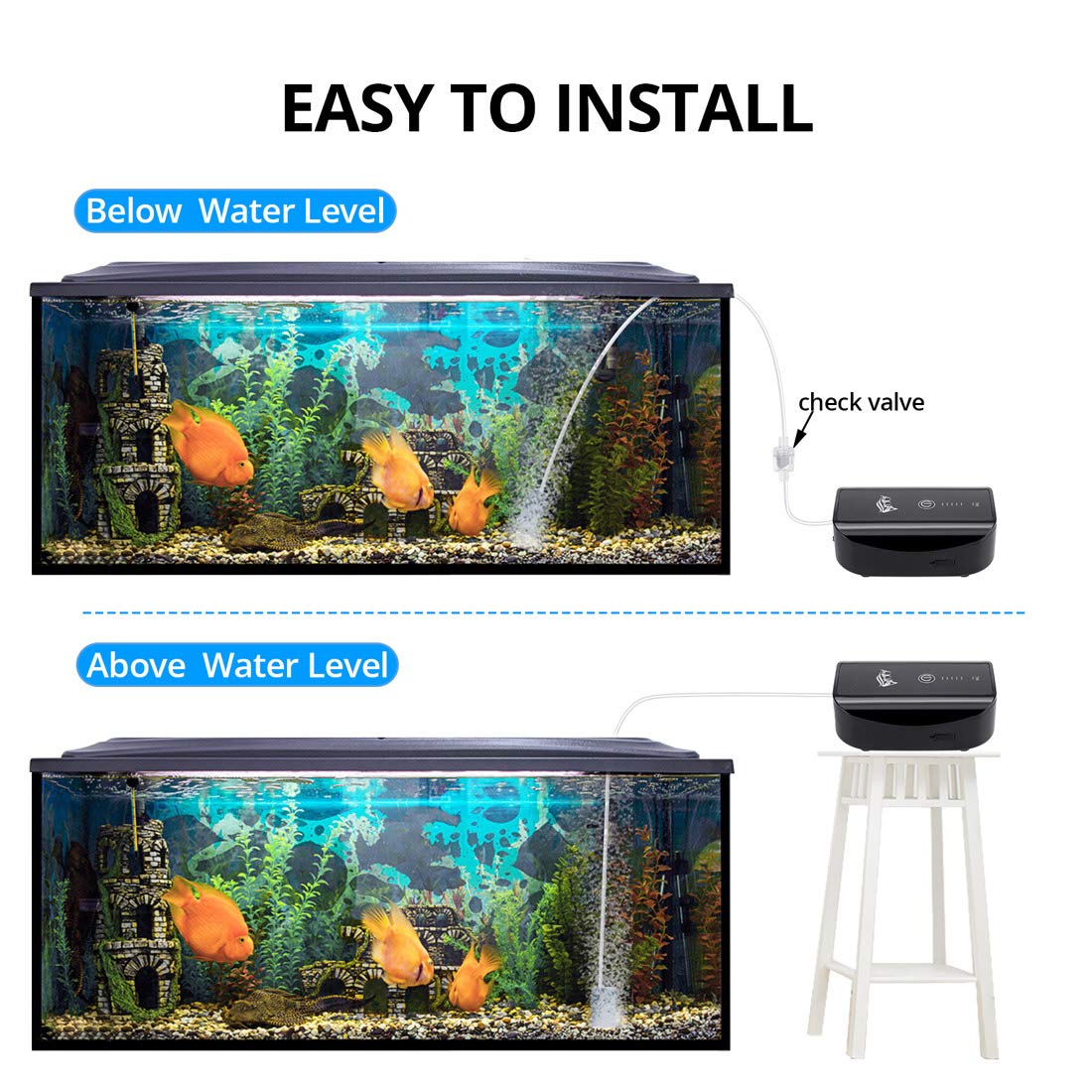 AQQA Rechargeable Aquarium Air Pump - 1.7W Battery Powered Oxygen Pump for 1-100 Gallon Fish Tanks | Includes Air Stone, Tube & USB Cable | Perfect for Freshwater & Saltwater Aquariums, Fish Bowl, Hydroponics & Outdoor Pond Use