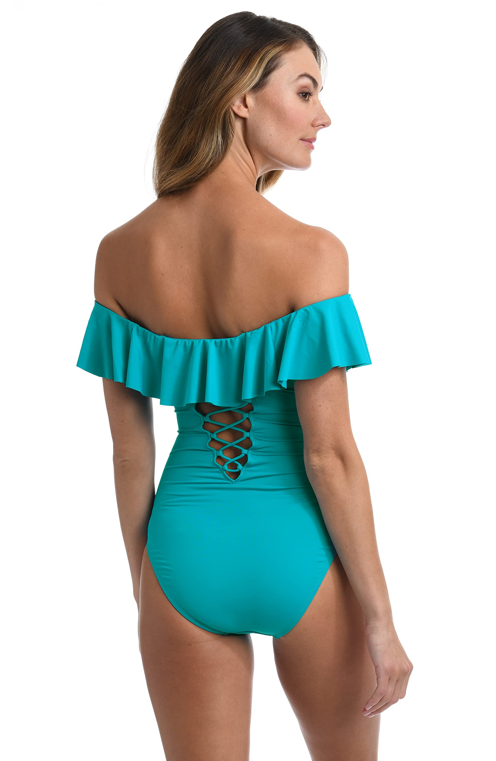 La Blanca Women's One Piece Swimsuit - Off Shoulder Ruffle Bathing Suit for Beach Vacation, Pool Party & Tropical Getaway | Island Goddess Swimwear