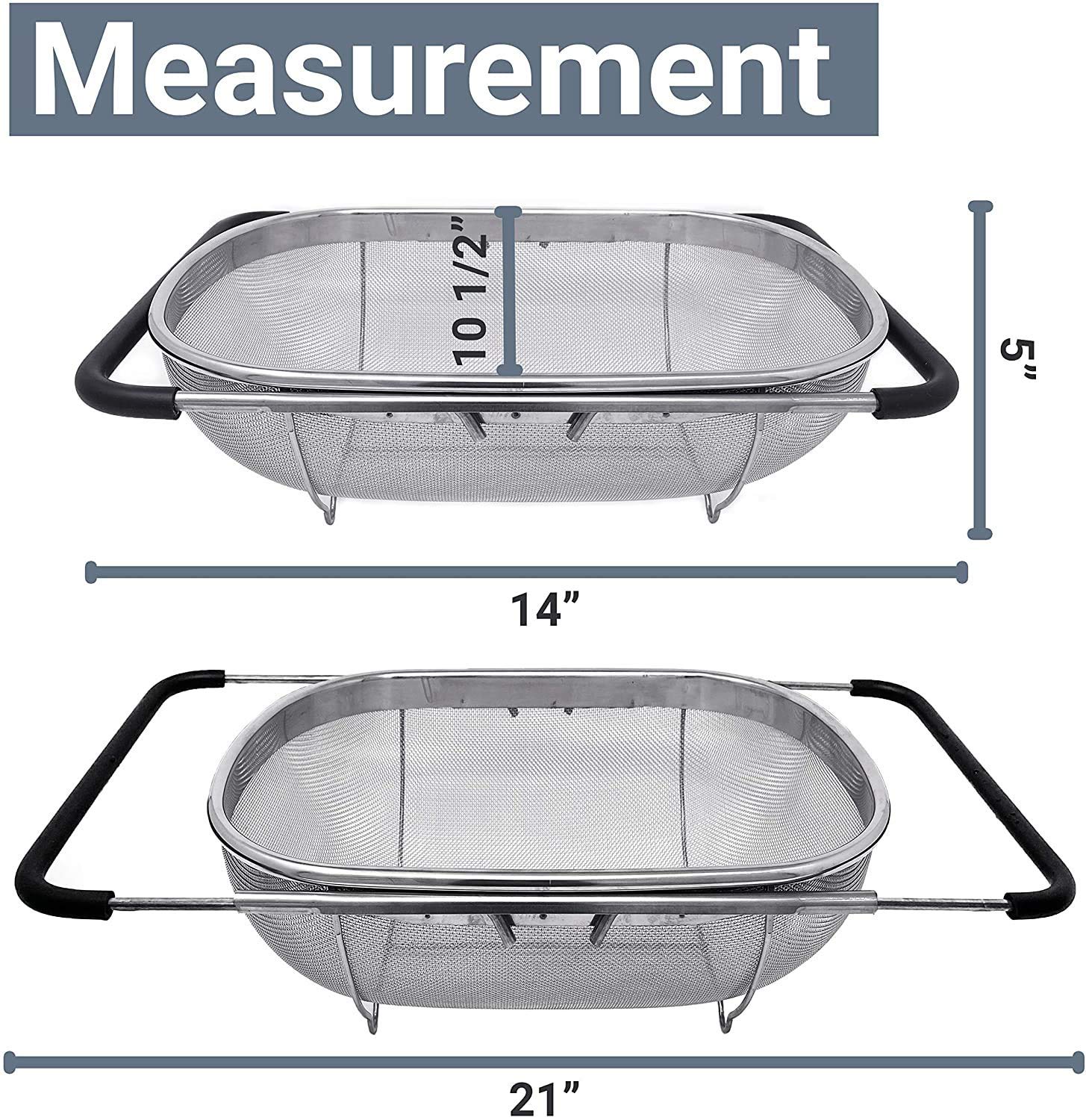 Makerstep Expandable Over-the-Sink Colander Strainer Basket - Stainless Steel with Rubber Grip, Fine Mesh Design for Effortless Draining, Perfect for Washing Fruits, Vegetables, and Pasta in Your Kitchen