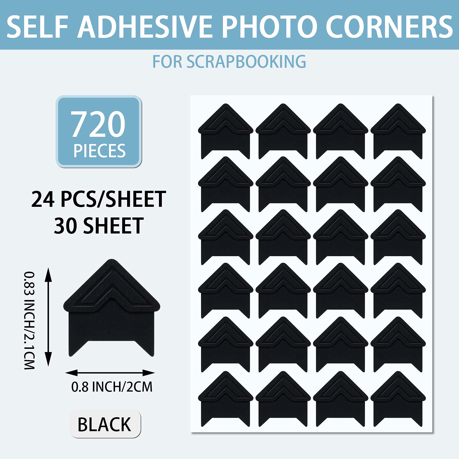 Pajean 720 Pieces Self-Adhesive Black Photo Corners for Scrapbooking, Stamping, DIY Albums & Journals - Perfect for Organizing Photos in Memory Books, Card Making, and Craft Projects