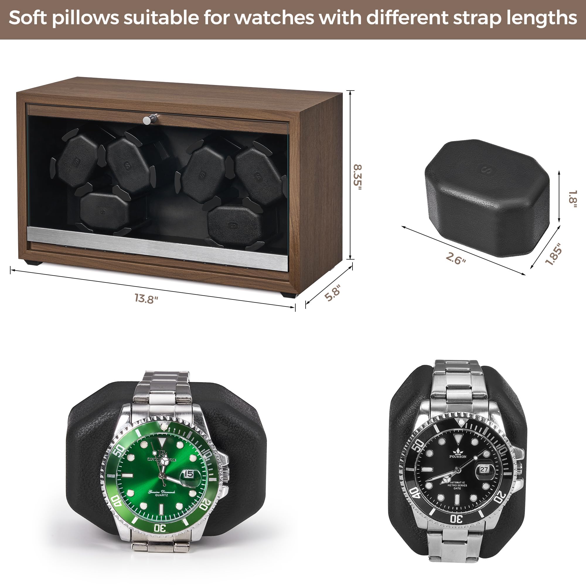 ANWBROAD Watch Winder for Automatic Watches - 6 Watch Capacity with LED Display & Ultra Quiet Motor - 4 Rotation Modes, USB Powered Watch Storage Box - Perfect for Watch Collectors & Luxury Timepiece Maintenance (Model UJWW003A)