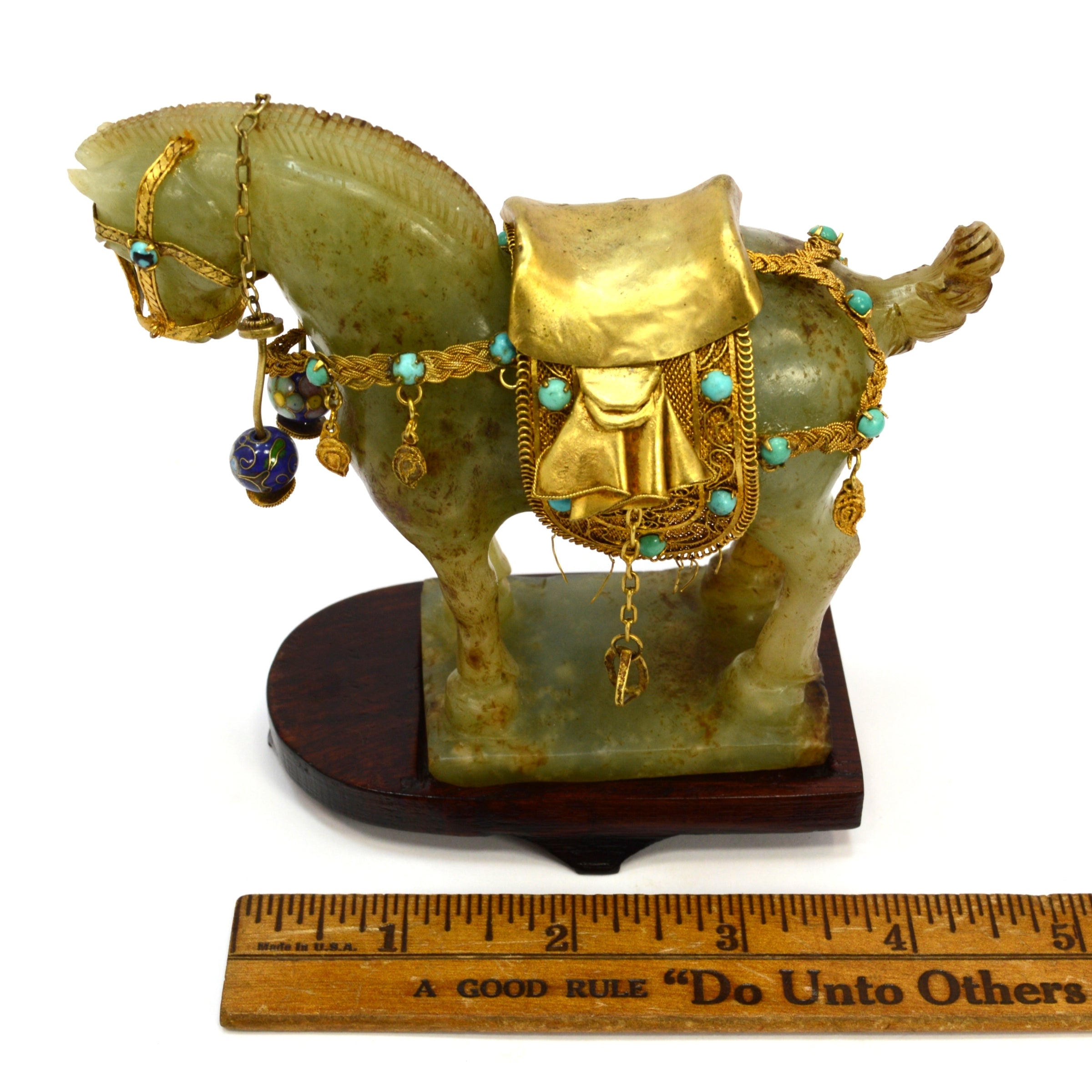 Antique Chinese Carved Jade Horse with Gold Gilt & Enamel Jeweled Saddle Bridle - Collectible Asian Artwork - Perfect for Home Decor, Gift Giving & Feng Shui Display