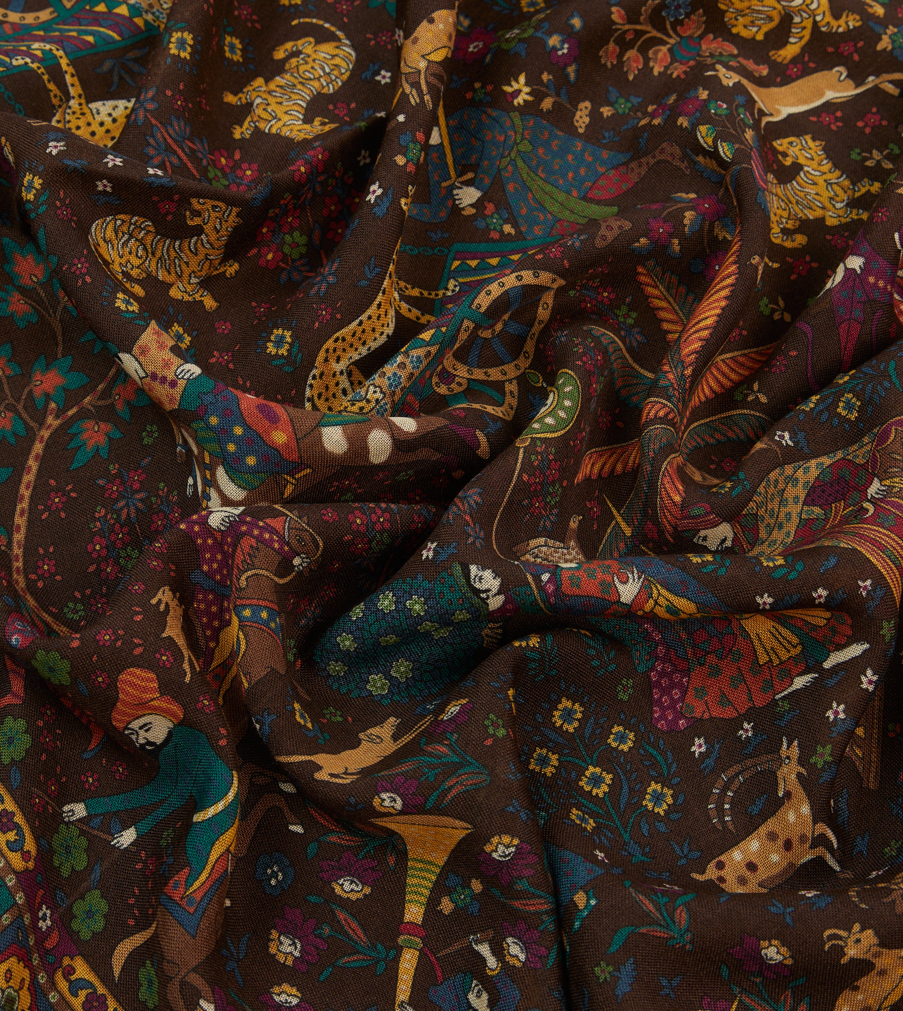 Luxury Brown Mughal Hunter Print Wool Silk Scarf - Elegant Winter Fashion Accessory for Women, Perfect for Office, Parties & Special Occasions