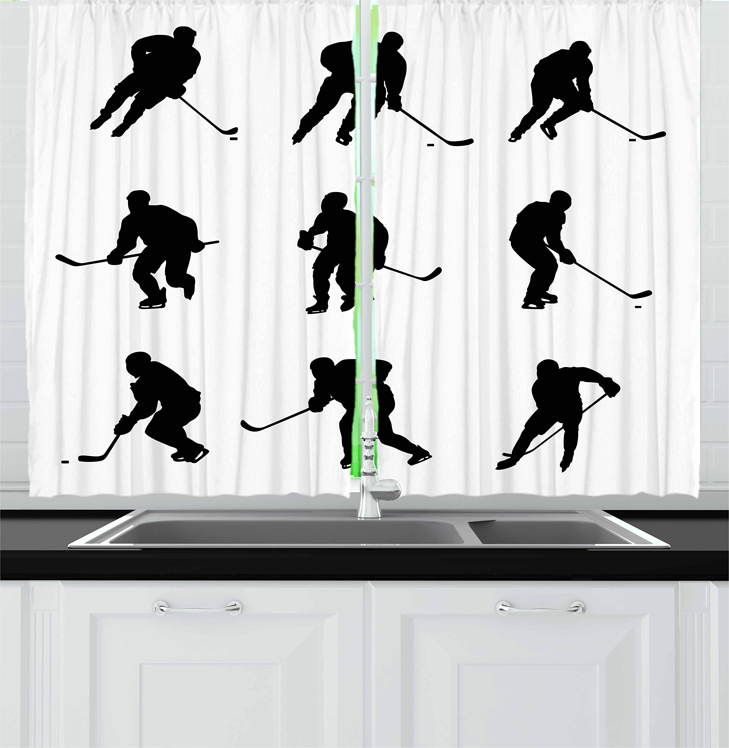 Ambesonne Hockey Themed Kitchen Curtains - Black & White Player Silhouettes in Action Poses with Sticks - 2 Panel Set for Window Drapes (55