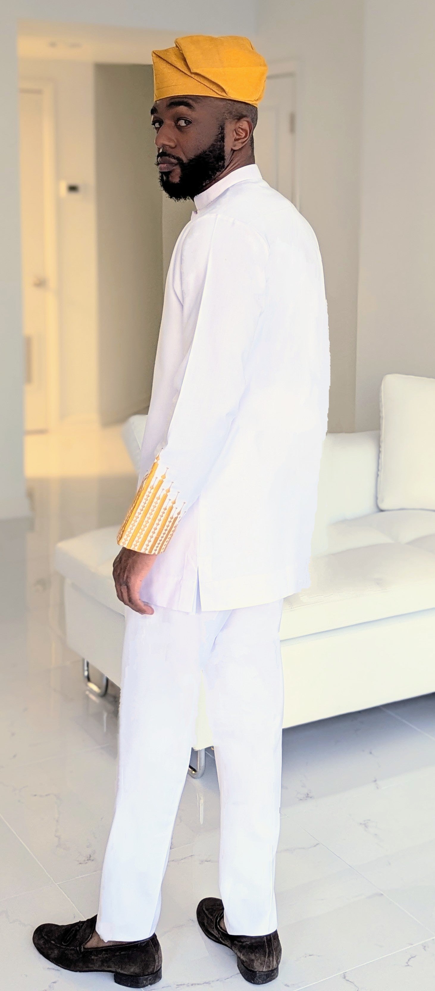 Elegant White Bishop Collar Long Sleeve Shirt with Intricate Gold Embroidery - Women's Formal Blouse for Church, Weddings & Special Occasions | DPWGBCS33