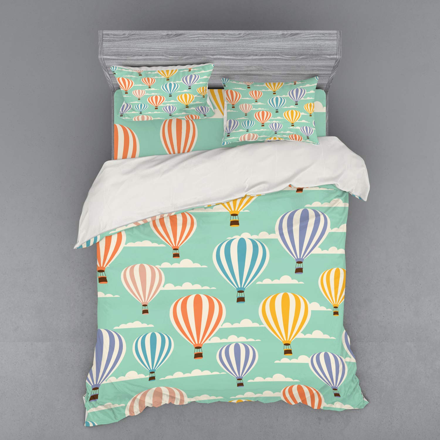 Ambesonne Vintage Duvet Cover Set - Colorful Retro Travel Balloons Texture with Cloud Blue Sky Adventure Modern Art | 4-Piece Queen Size Bedding Set with Shams & Fitted Sheet in Blue Orange Purple | Perfect for Bohemian Bedroom Decor & Travel-Themed Guest Rooms