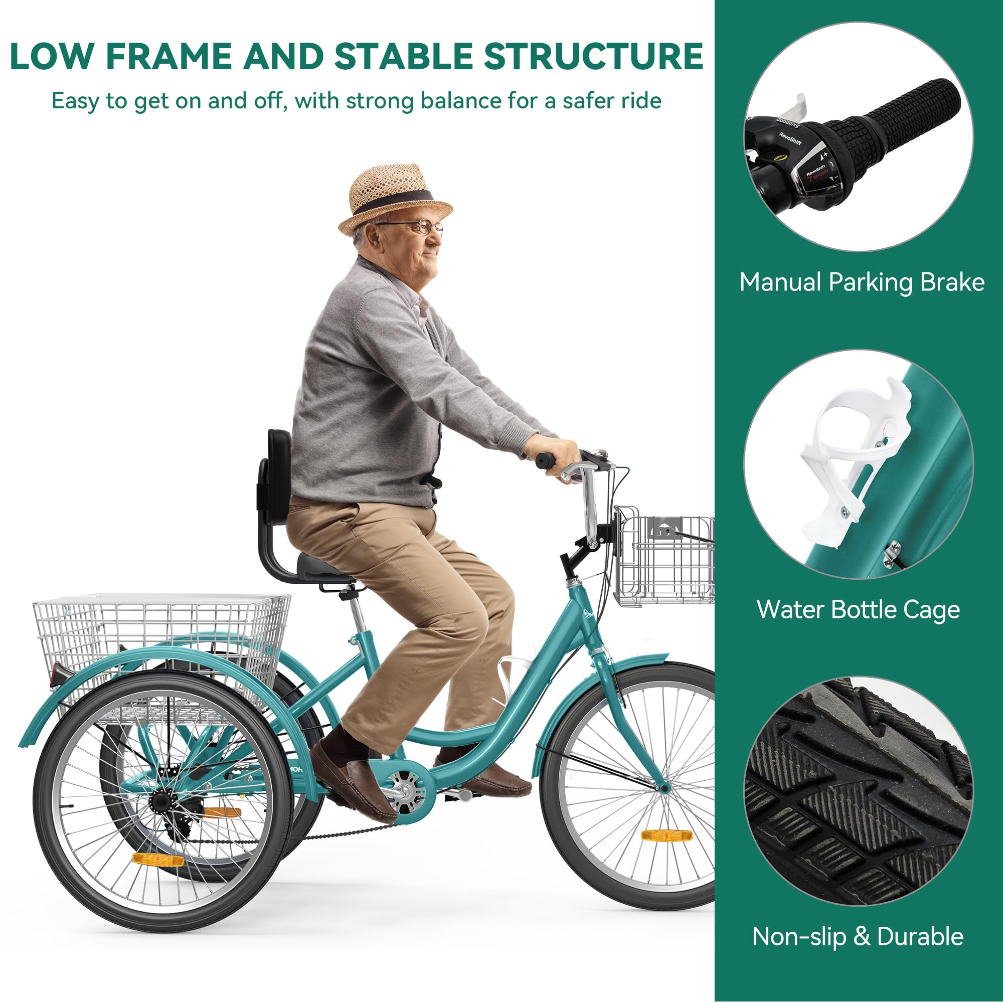 YITAHOME 24 & 26 Inch Adult Tricycle - 1 & 7 Speed 3 Wheel Bike with Large Cushioned Seat & Backrest, Front & Rear Baskets - Comfortable Cruiser Trike for Seniors, Women & Men - Perfect for Commuting, Picnics, Grocery Shopping & Outdoor Recreation