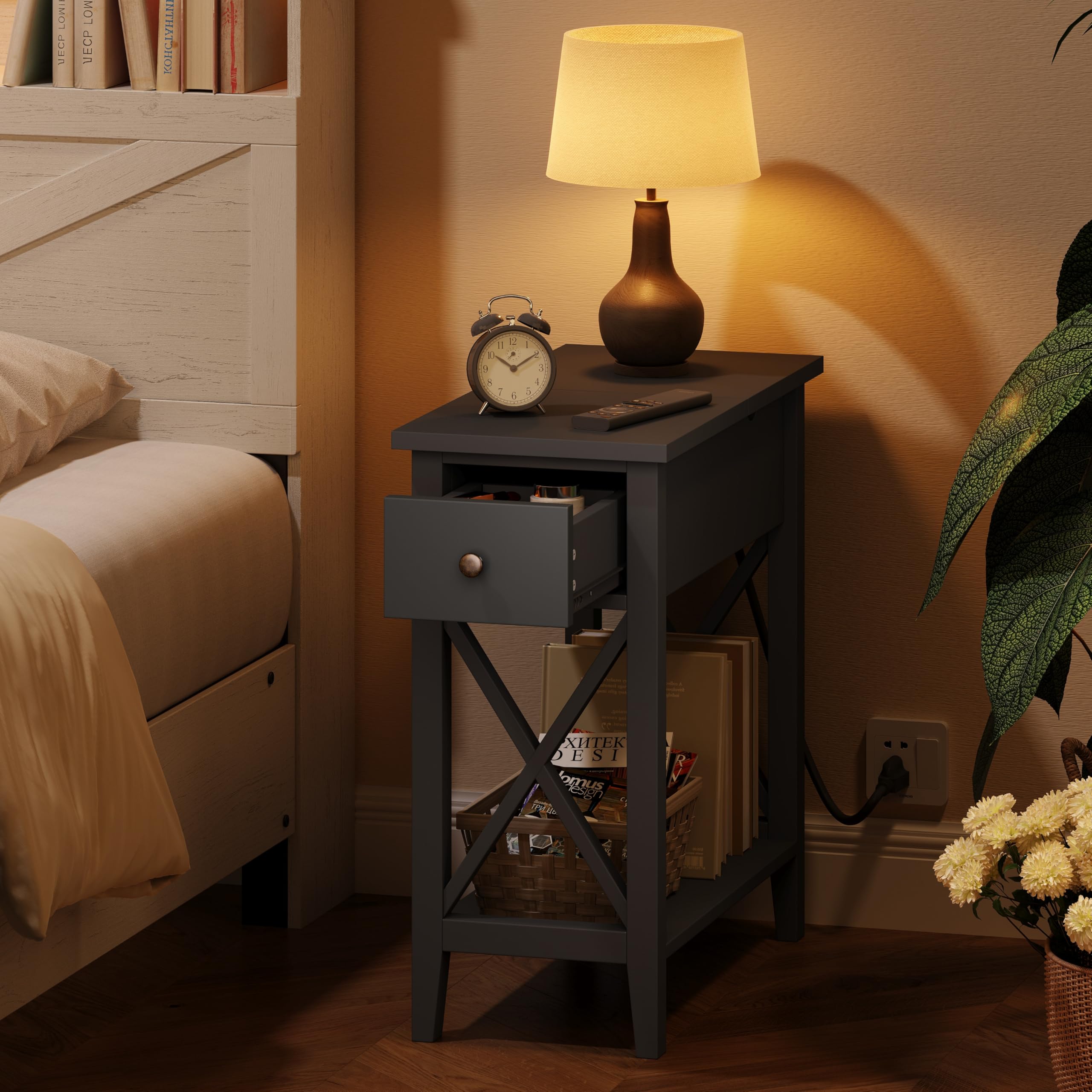 ChooChoo Narrow End Table with USB Charging Station & Outlets - Small Space Nightstand with Drawer - Modern Bedside Table for Living Room, Bedroom & Office - Black