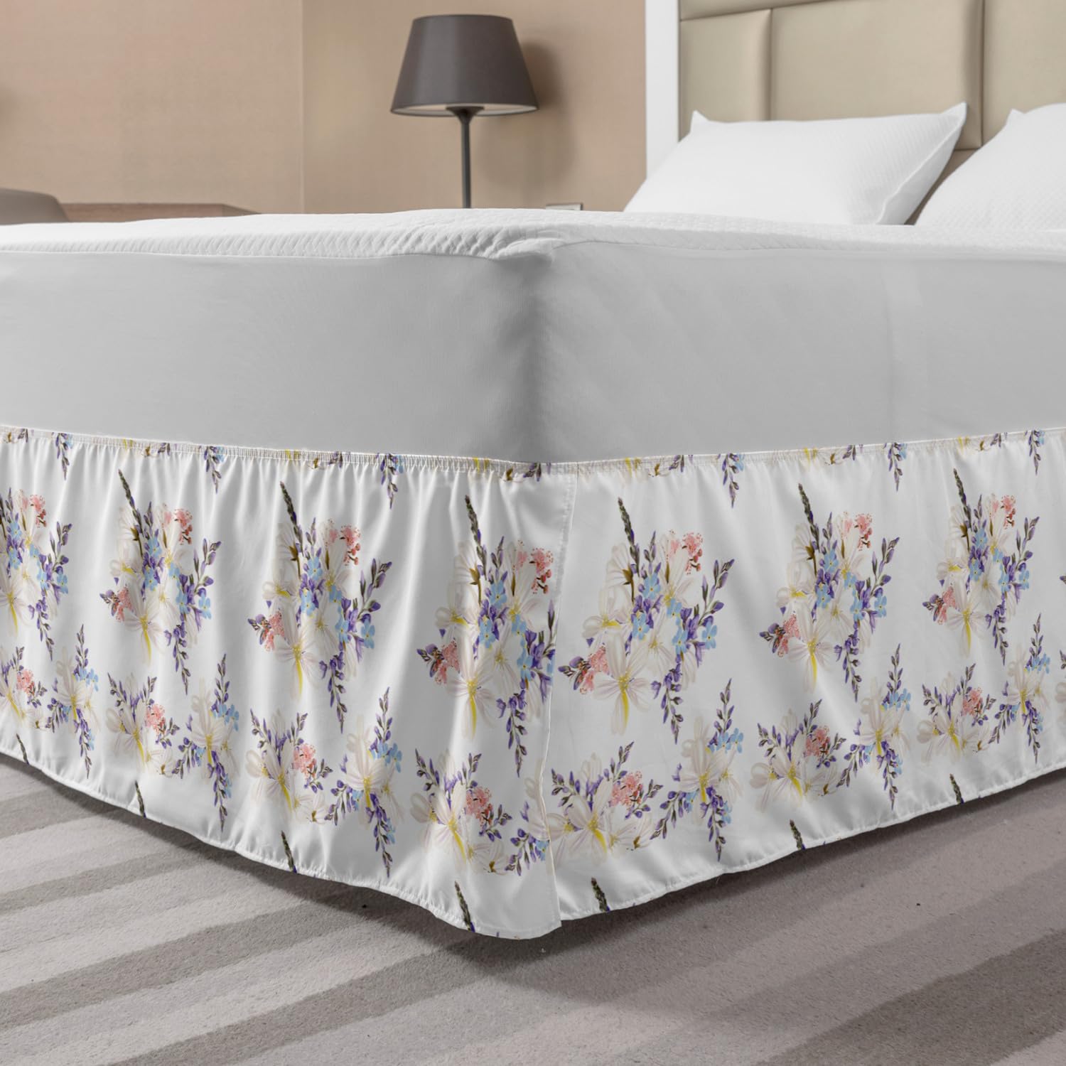 Ambesonne Floral Elastic Bed Skirt - King Size Wrap Around Dust Ruffle with Flower Design for Bedroom Decor | Perfect for Bridal, Home Staging & Guest Room Makeovers