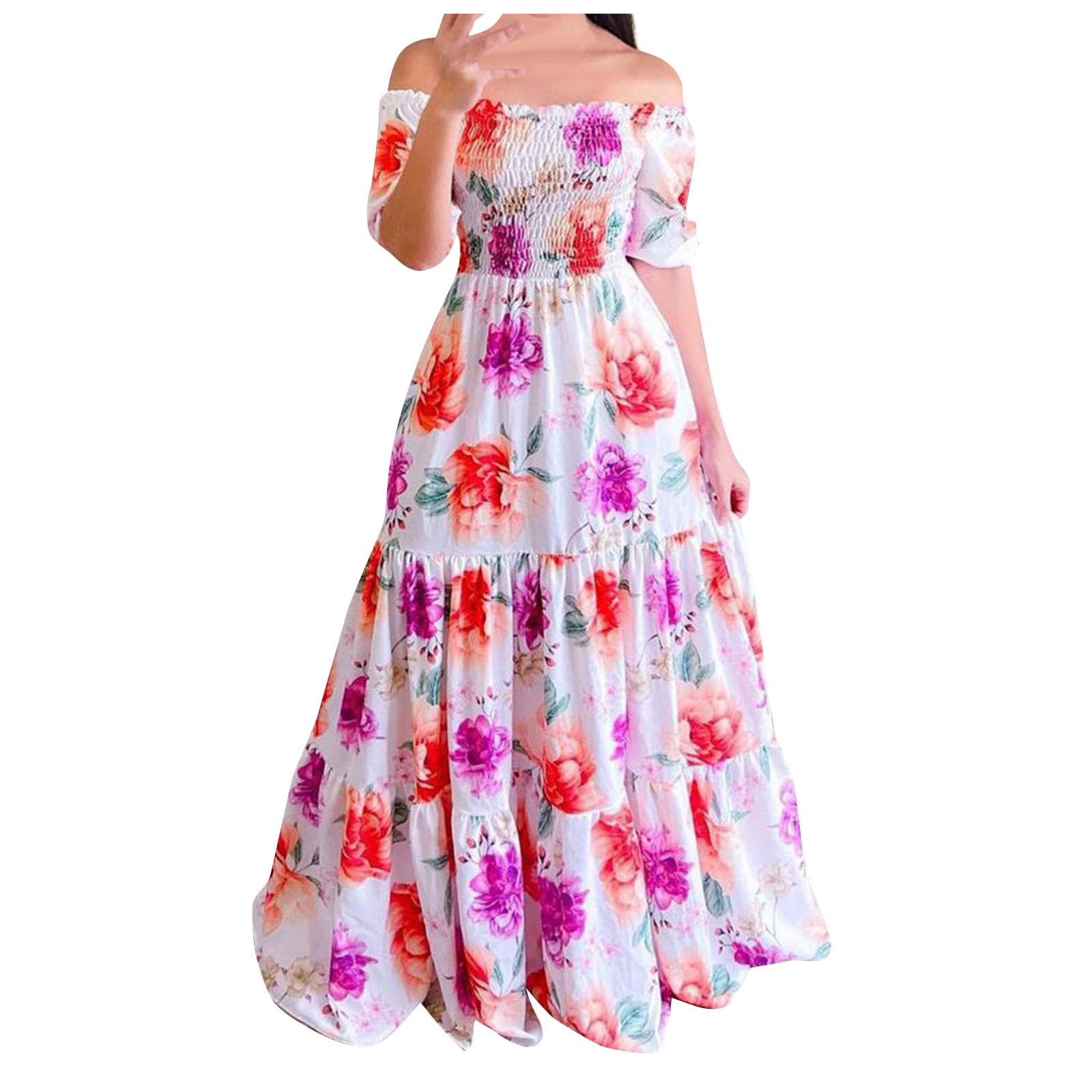 Women's Floral Print Off Shoulder Summer Dress - Short Sleeve High Waist Smocked Ruffle Beach Sundress for Vacation, Party & Casual Wear | Lightweight Flowy Dress for Women