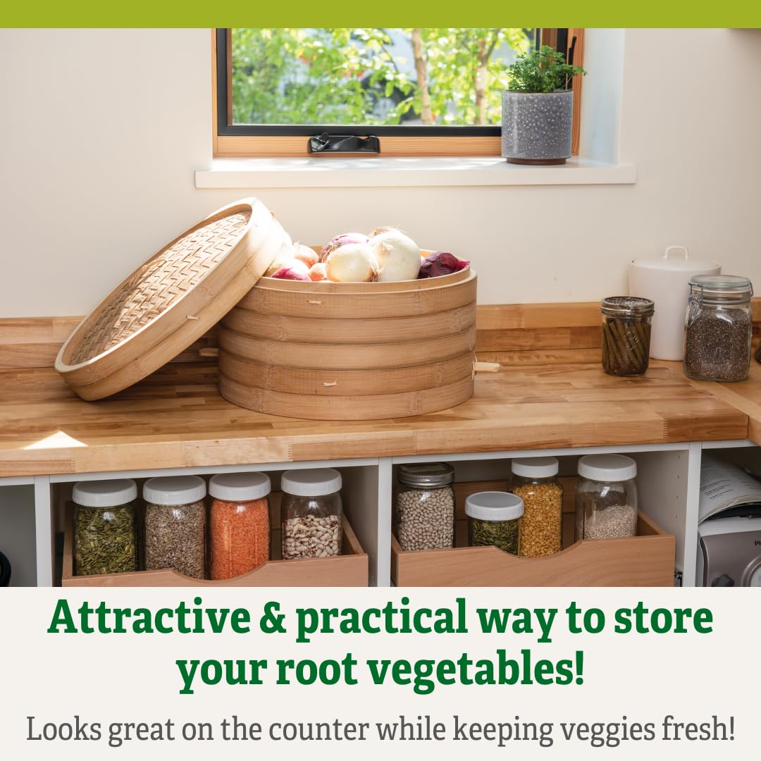 Stackable Bamboo Harvest Basket with Lid - Durable Storage for Fruits, Onions, Garlic & Root Vegetables | Perfect for Farm Stands, Farmers Markets & Kitchen Organization | Gardener's Supply Company