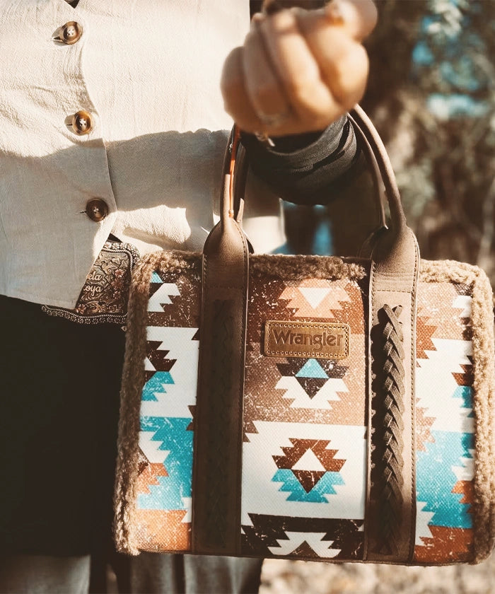 Wrangler Aztec Sherpa Trim Crossbody Purse Set for Women - Stylish Boho Shoulder Bag with Fringe Detail - Perfect for Casual Outings, Music Festivals & Travel Accessories
