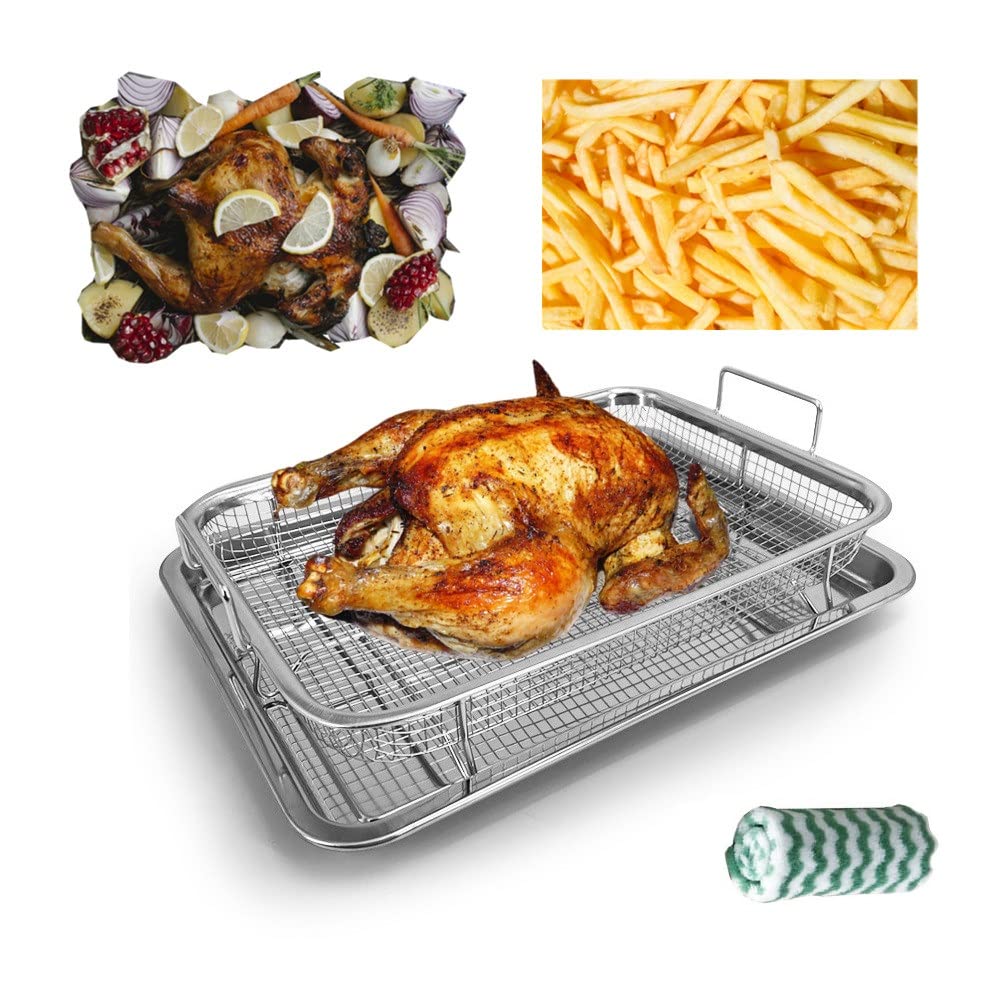 Stainless Steel Air Fryer Basket Set for Oven - Non-Stick Crisper Tray, Pan Tray & Grease Catcher | Even Heat Distribution for Healthy Cooking | Perfect for Fries, Bacon, Chicken Wings & Vegetables | Oven & Air Fryer Accessories