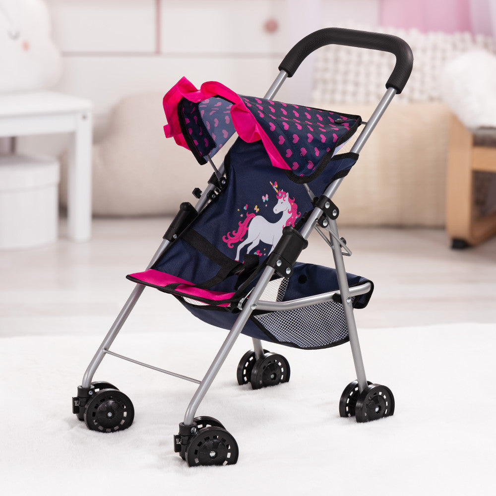 Bayer Design Dolls Stroller with Unicorn & Heart Patterns - Blue & Pink Buggy for Toddlers Age 3+ | Perfect for Pretend Play, Outdoor Walks & Doll Accessories