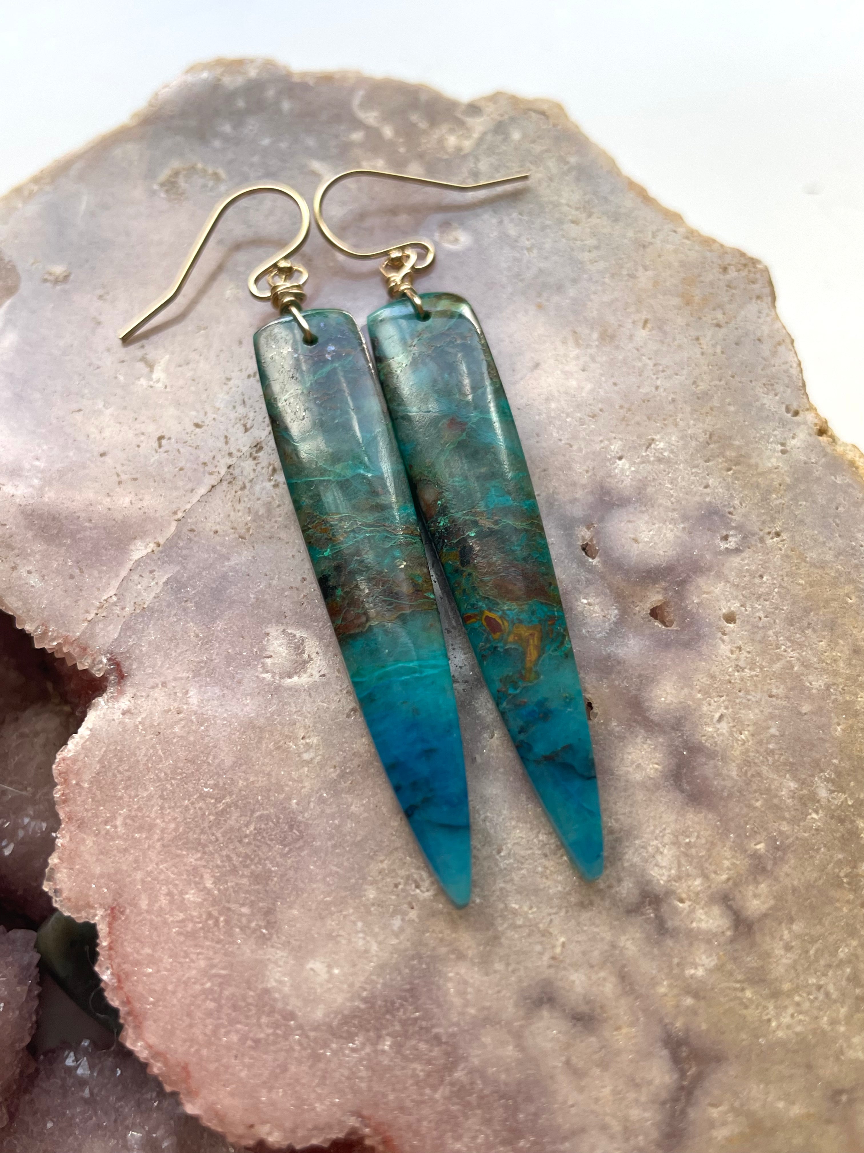 Stunning Chrysocolla Gold Filled Statement Earrings with Crystal Gemstones | Elegant Jewelry for Women | Perfect for Parties, Weddings & Special Occasions