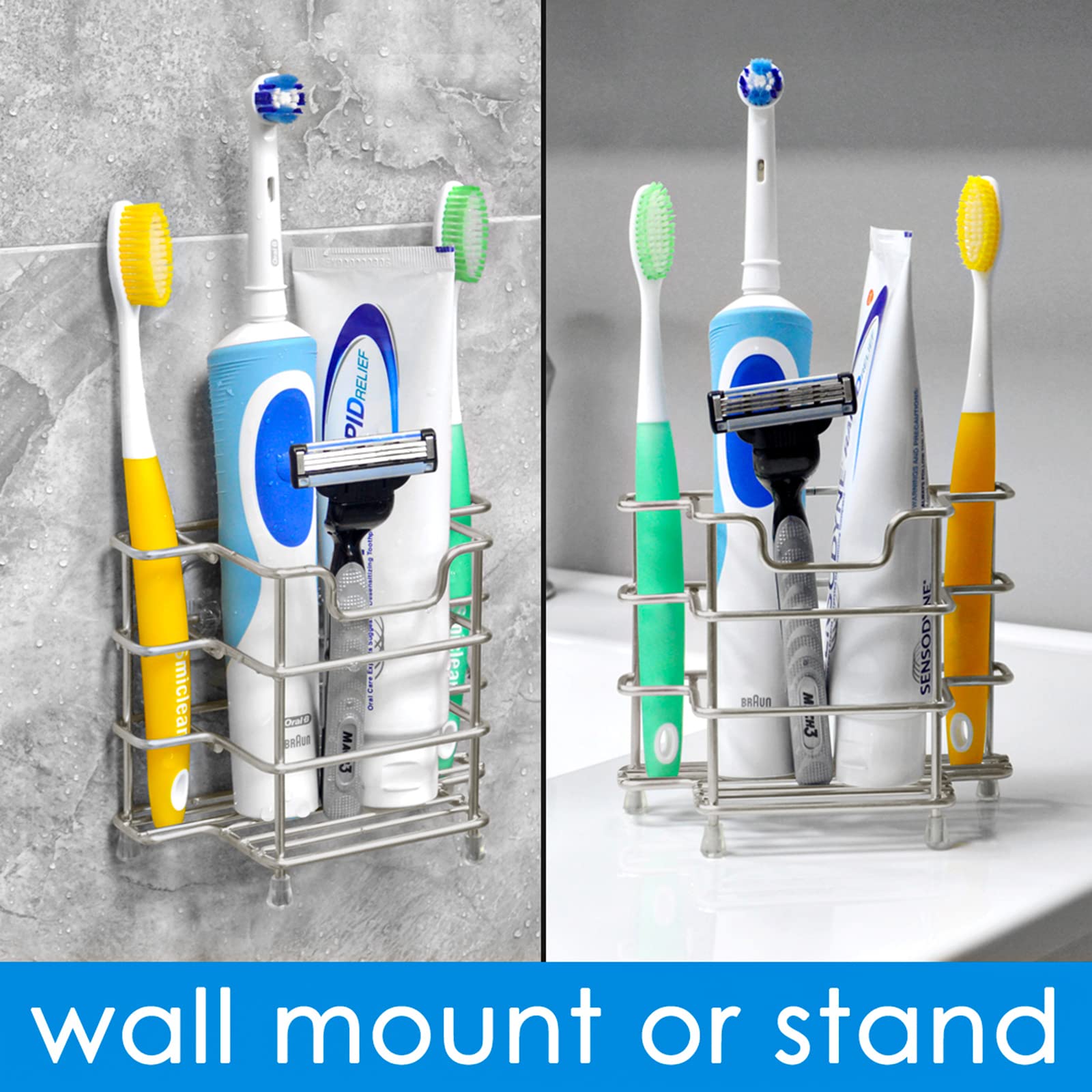 2 Pack Stainless Steel Wall Mounted Toothbrush Holder with 3 Slots - Brushed Nickel Bathroom Organizer for Electric Toothbrushes & Toothpaste - Space Saving Solution for Showers, Countertops & Small Bathrooms - Perfect for Modern Homes, Apartments, Dorm Rooms & Travel Use