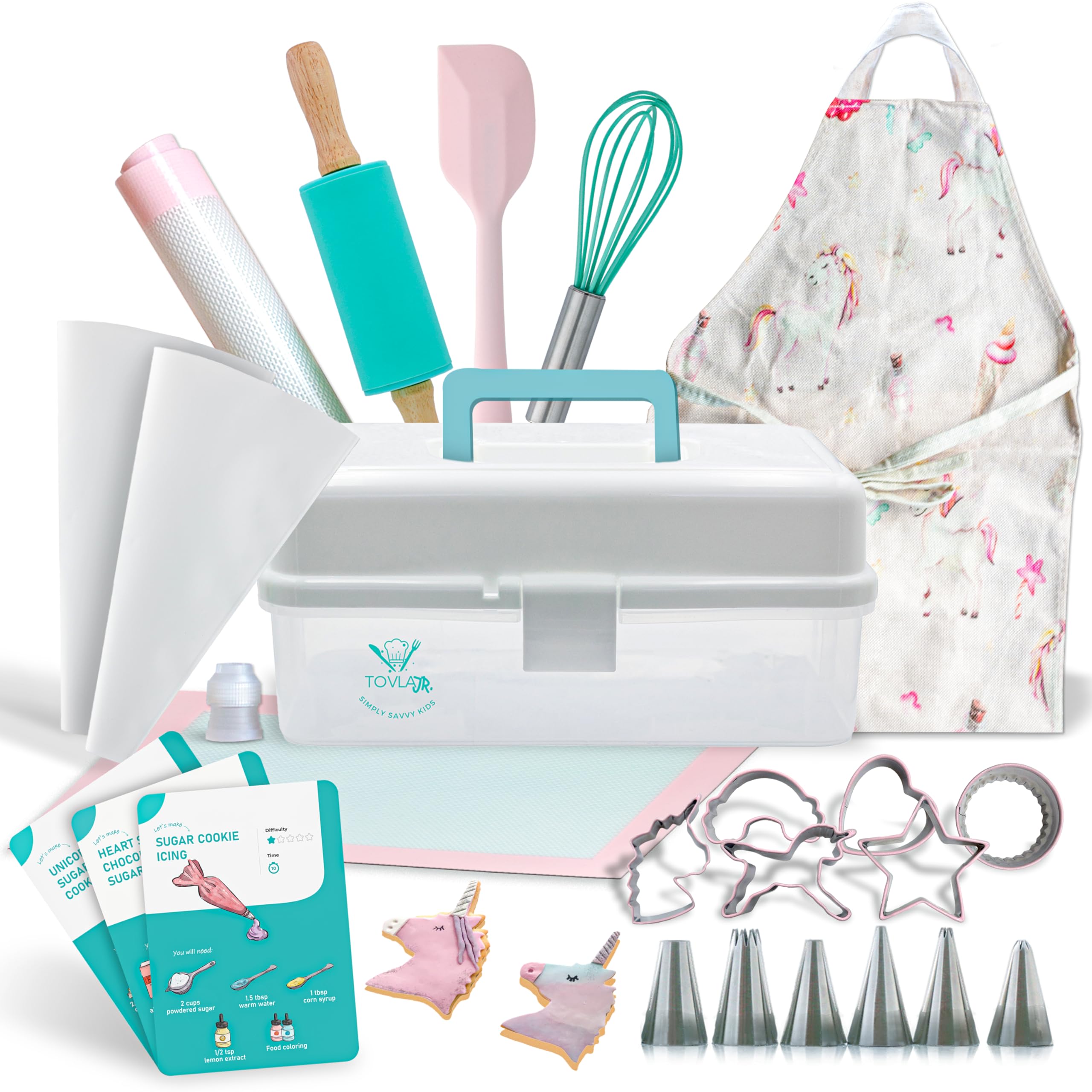 Tovla Jr. Kids Baking Gift Set with Storage Case - Unicorn Themed Real Cooking & Baking Utensils for Cookies, Cupcakes & Decorating - Perfect Baking Kit for Birthday Gifts, Holiday Presents & Family Baking Activities