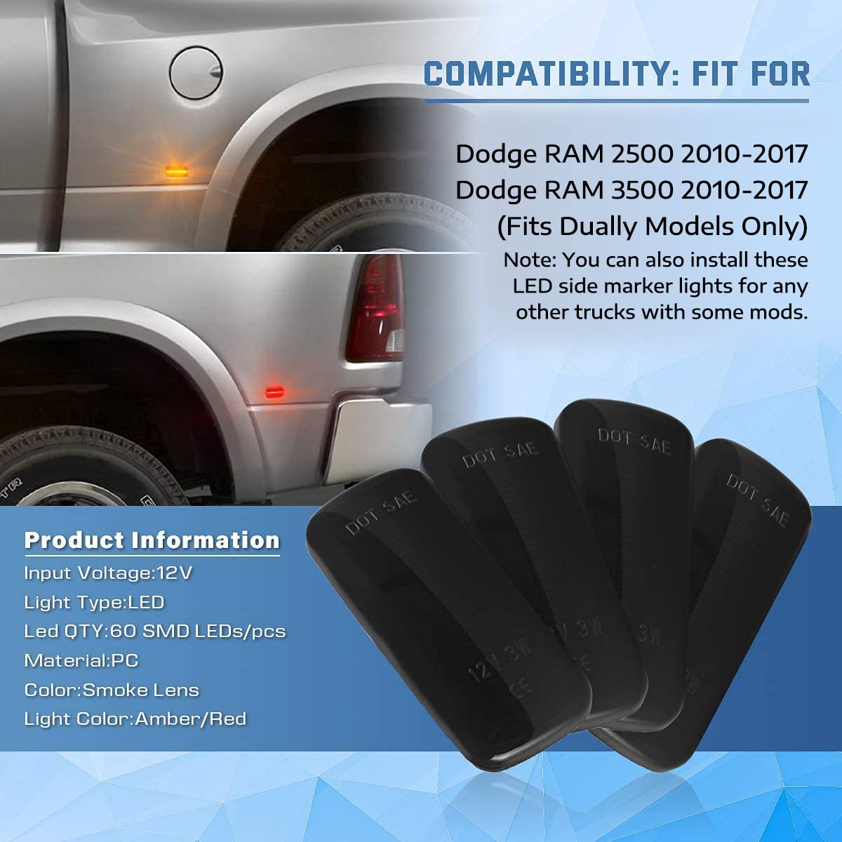 Gempro 4Pcs LED Side Marker Lights - Dual Fender Bed Lamp Assembly for 2010-2017 Dodge Ram 2500 3500 (Smoke Lens) - Waterproof Off-Road Truck Lighting for Night Driving & Customization