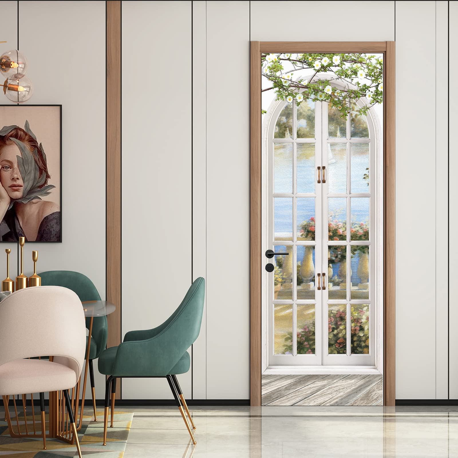 European Style 3D Peel and Stick Door Sticker - Self-Adhesive Arch Pastoral Wall Mural Wallpaper for Bedroom Decor (30.3
