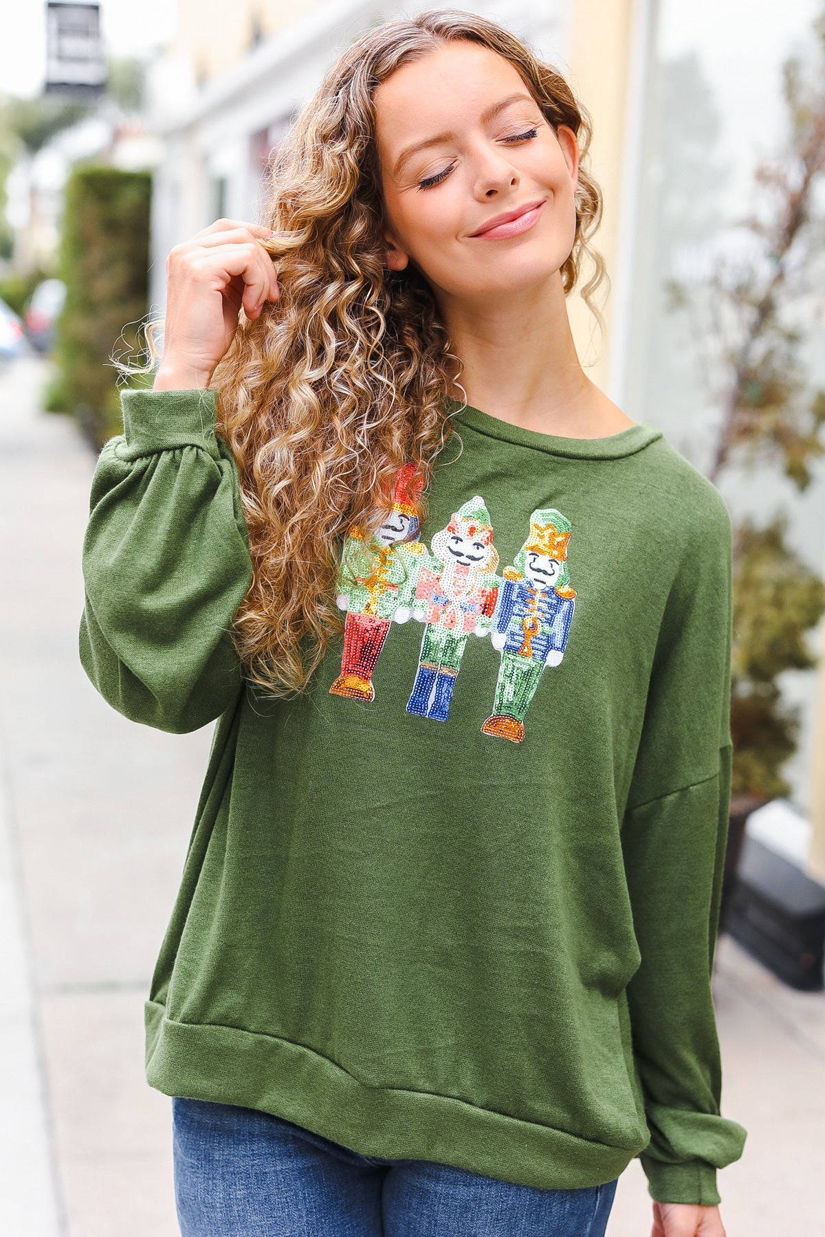 Festive Be Merry Forest Green Nutcracker Sequin Hacci Sweater Top for Christmas Party & Holiday Gatherings
