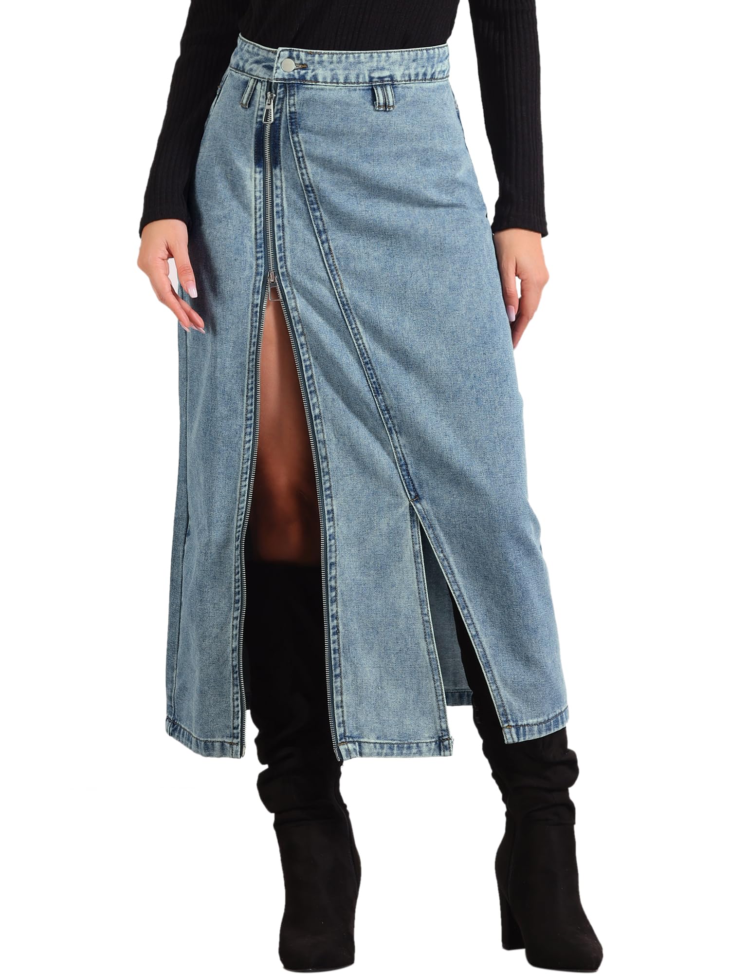 Allegra K Women's Denim Jean Skirt with Pockets - Front Zipper & Split Design for Casual Wear, Office Outfits & Date Night Looks