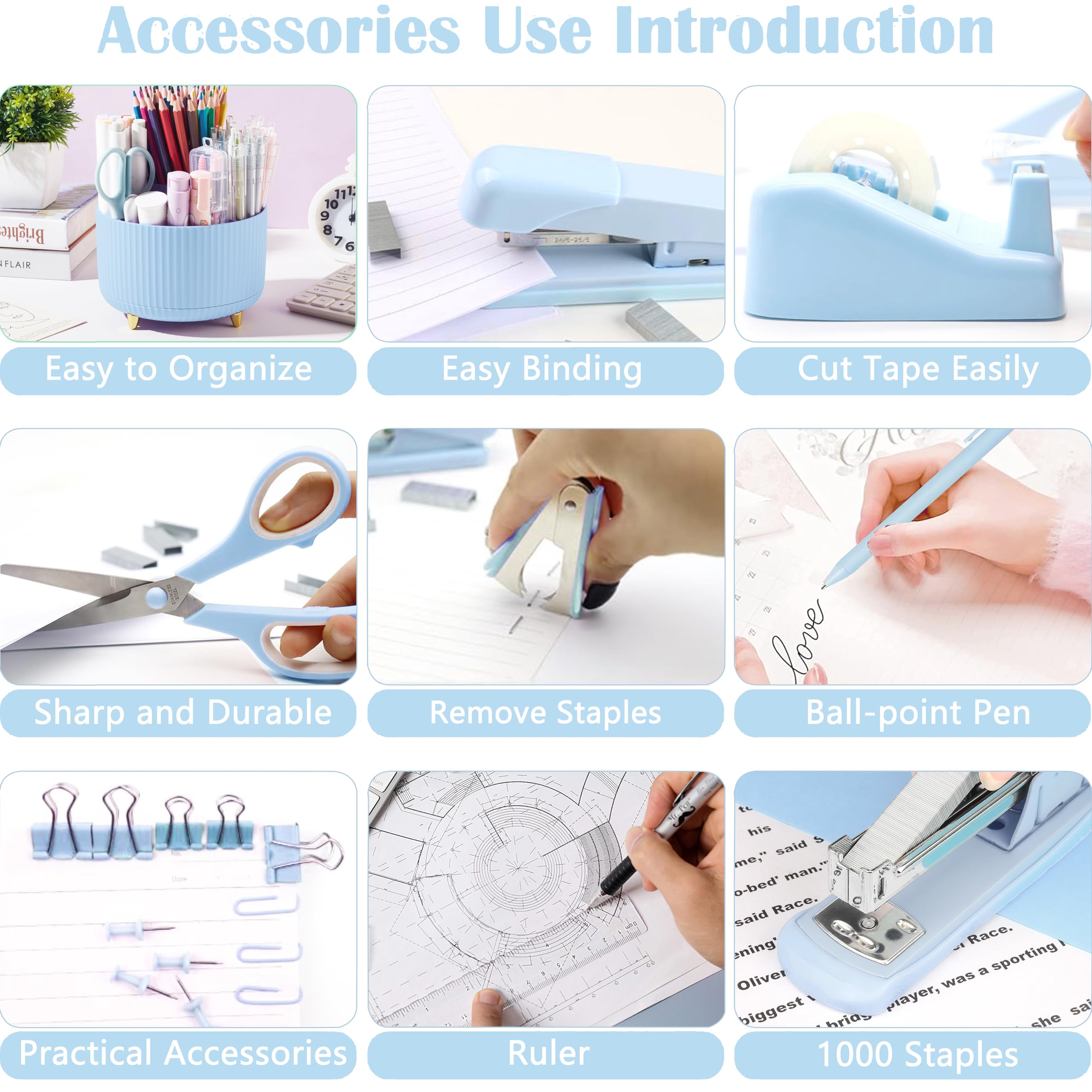 Blue Desk Organizer Set with 360°Pen Holder, Tape Dispenser, Stapler, Scissors & Office Supplies - Perfect for Home Office, School & Workspace Organization