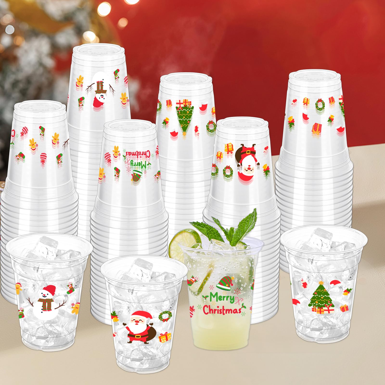 100 Pcs 12oz Clear Christmas Disposable Plastic Cups - Merry Holiday Party Supplies for Xmas Celebrations, Office Parties & Family Gatherings