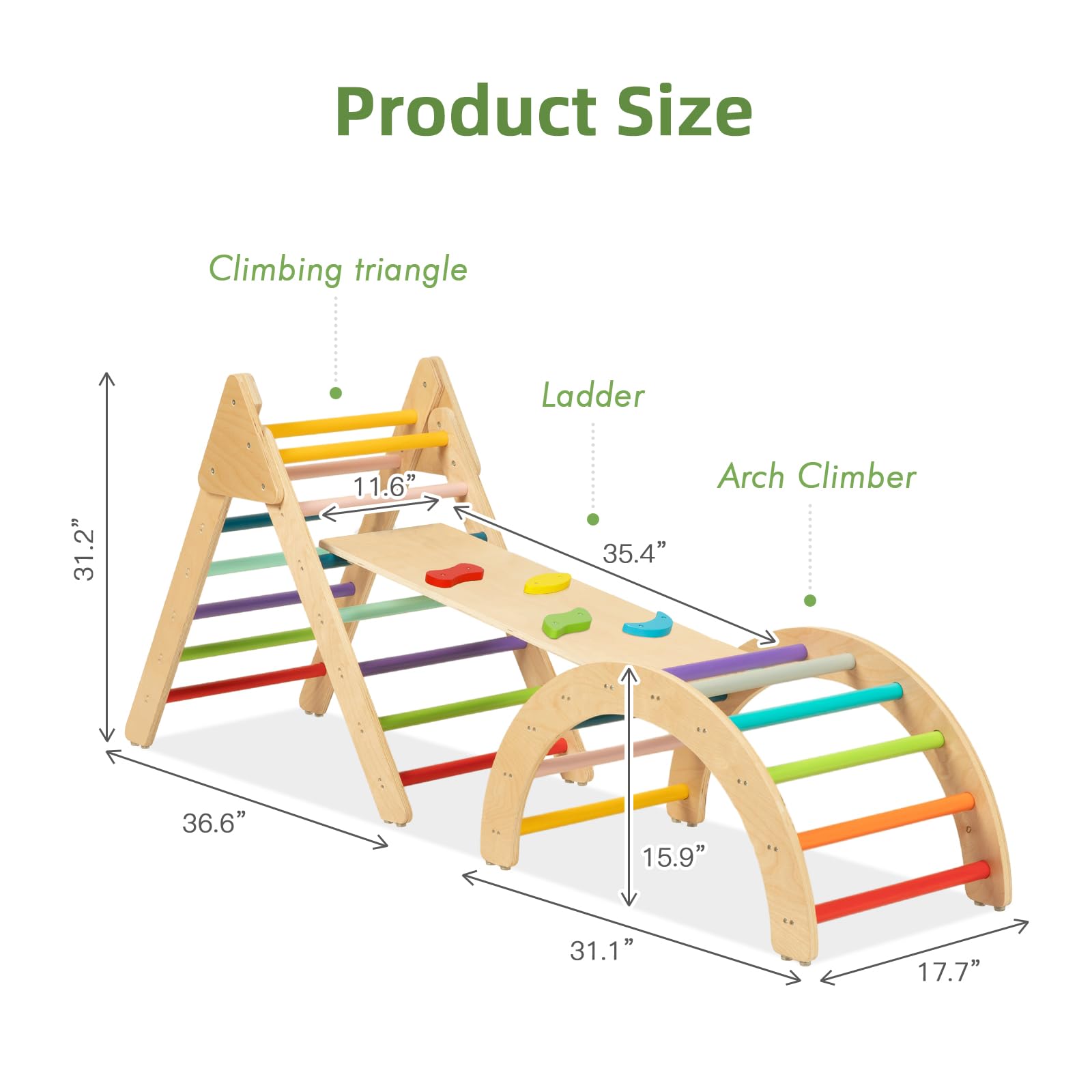 TOOKYLAND 3-in-1 Rainbow Climbing Toy Set for Toddlers - Sturdy Wooden Indoor Play Gym, Montessori Climbing Triangle with Ramp & Rocker - Safe Toddler Play Equipment for Home, Daycare & Preschool