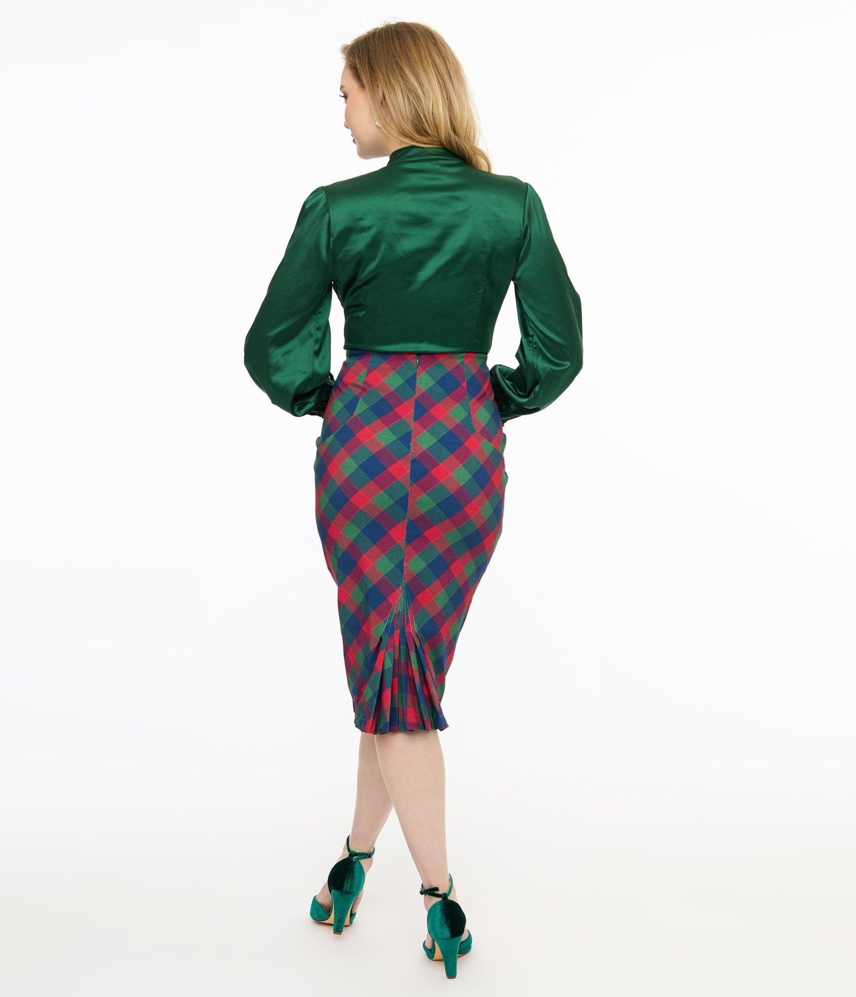 Vintage 1950s Green & Red Plaid Tracy Pencil Skirt - Retro Women's High Waist Slim Fit Skirt for Office, Party & Holiday Outfits