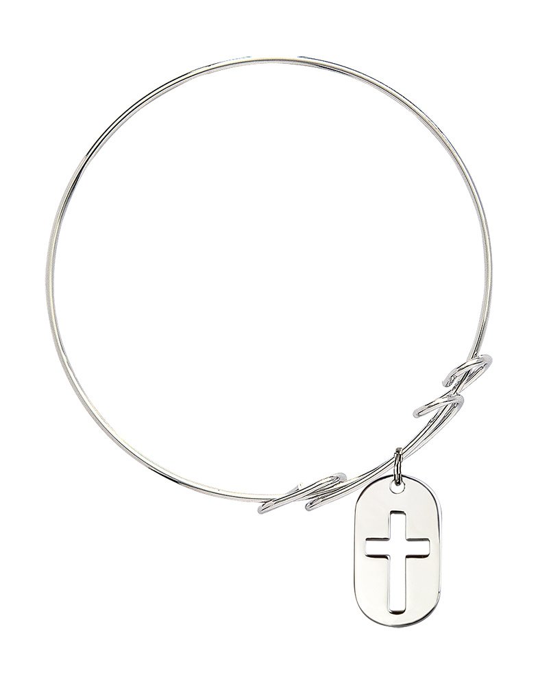 Sterling Silver Round Double Loop Bangle Bracelet with Cross Dog Tag Charm - Elegant Jewelry for Women, Perfect for Everyday Wear, Gifts & Special Occasions
