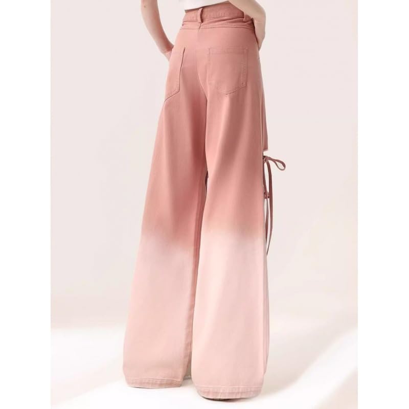 Y2K Women's Distressed Pink Flare Jeans - Loose Wide Leg Ripped Denim Pants with Bow for Casual Wear | Vintage Aesthetic Street Style, Party Outfits & Instagram Fashion