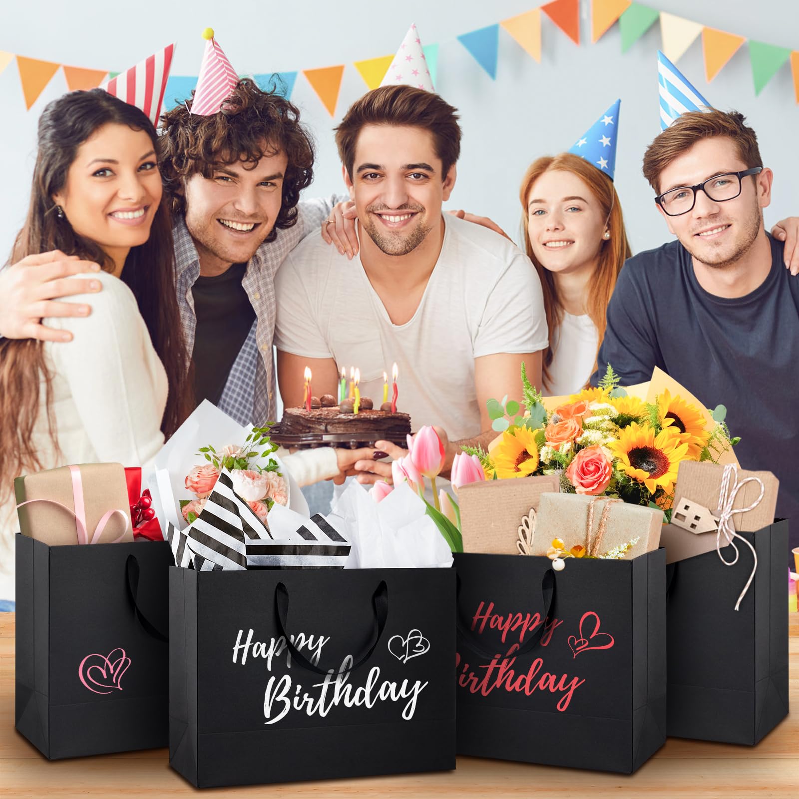 12 Pack 16 Inch Extra Large Black Kraft Paper Gift Bags with Ribbon Handles & Tissue Paper - 16x6x12 Inches - Perfect for Holiday Gifts, Retail Merchandising & Party Favors