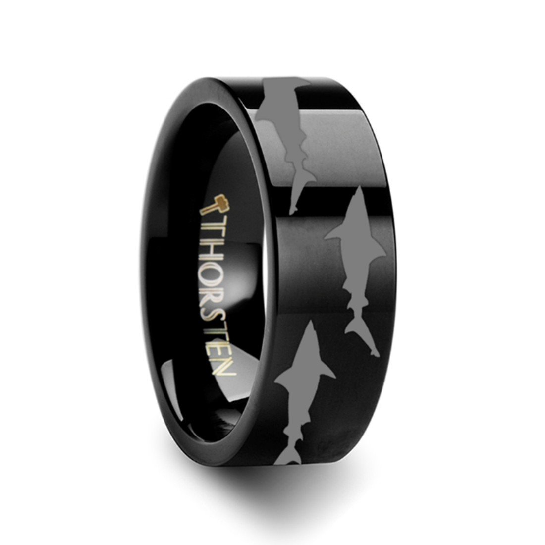 SEA LIFE Shark Predator Fish Sea Print Pattern Tungsten Wedding Band - 6mm Wide Flat Black Men's Ring for Diving, Beach Wedding & Outdoor Adventure