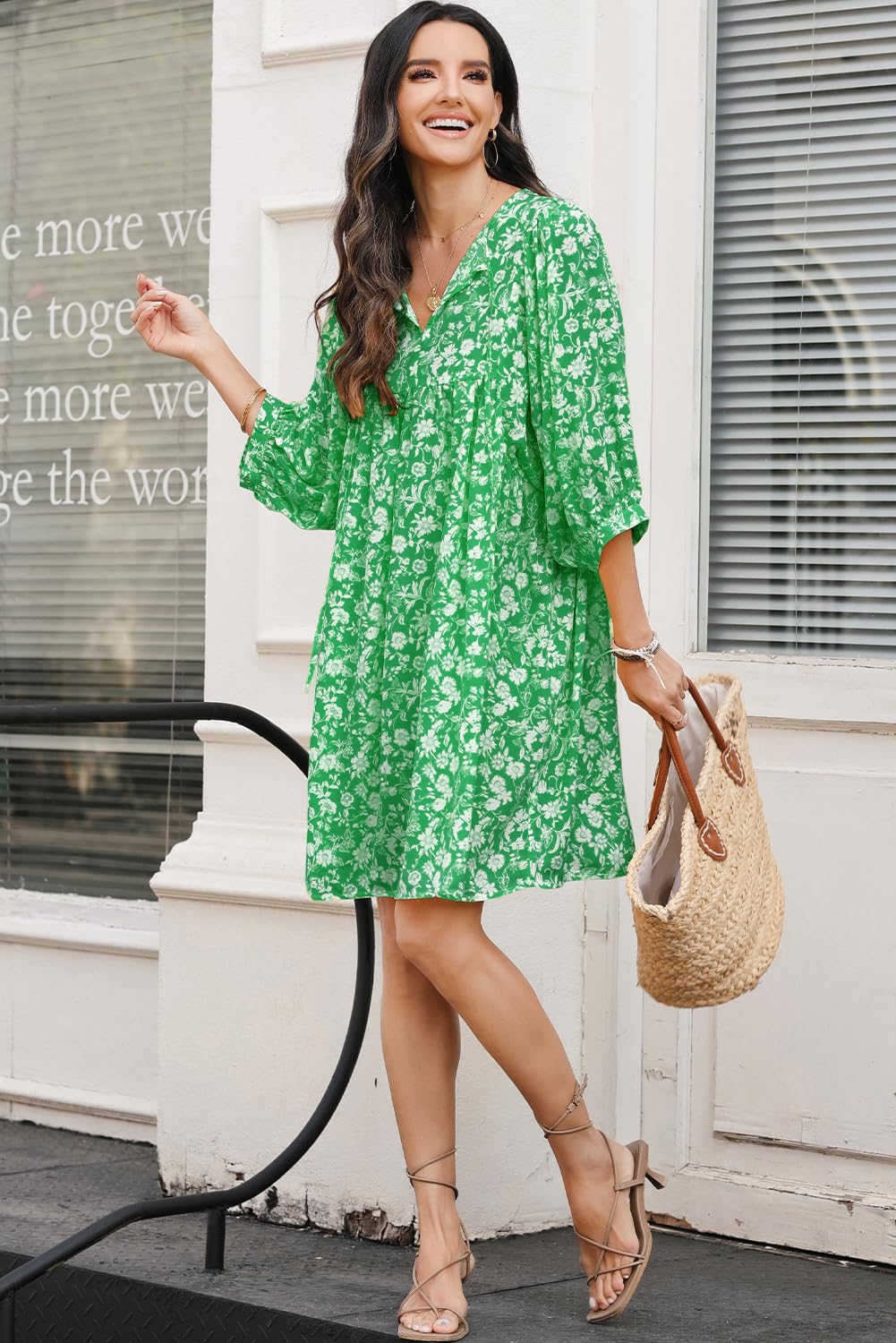 Dokotoo Women's Summer Dresses 2025 - Boho Floral Print Chiffon Mini Dress with V Neck & Lantern Sleeves | Beach Vacation Sundress, Casual Outing & Party Wear