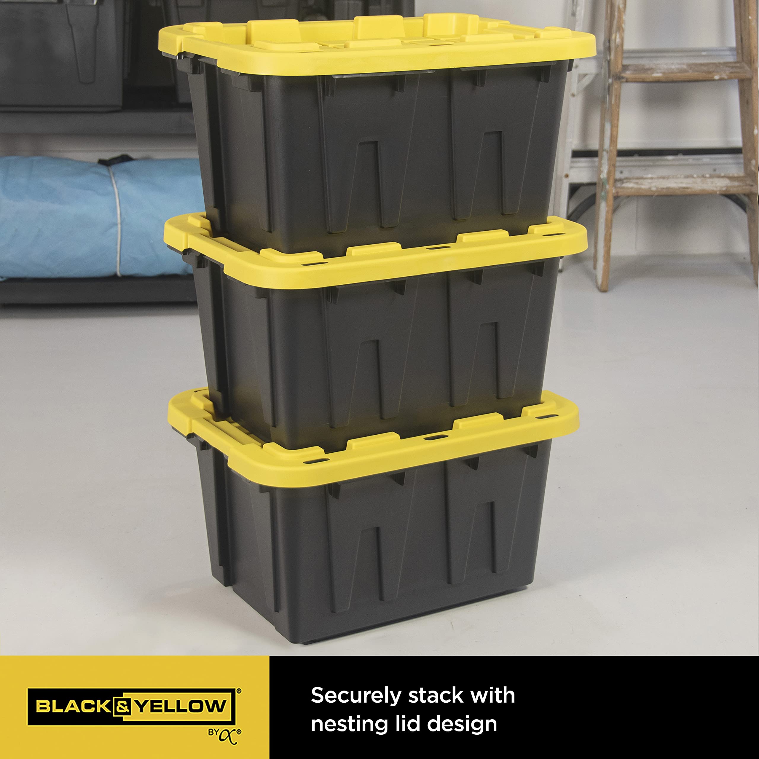 CX BLACK & YELLOW® 12-Gallon Heavy Duty Storage Bins with Snap-Tight Lids (6 Pack) - Weatherproof Stackable Organizing Containers for Garage, Basement & Office - 12.51