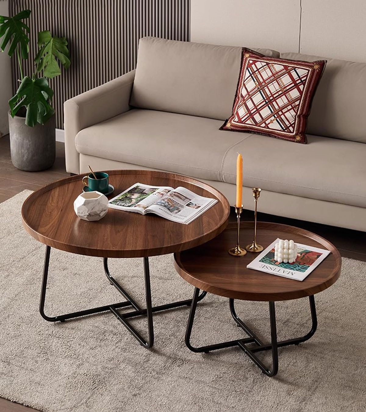 Round Nesting Coffee Table Set of 2 - Walnut Wood Side Tables with Fluted Design for Living Room, Bedroom, Office, Balcony or Yard (28