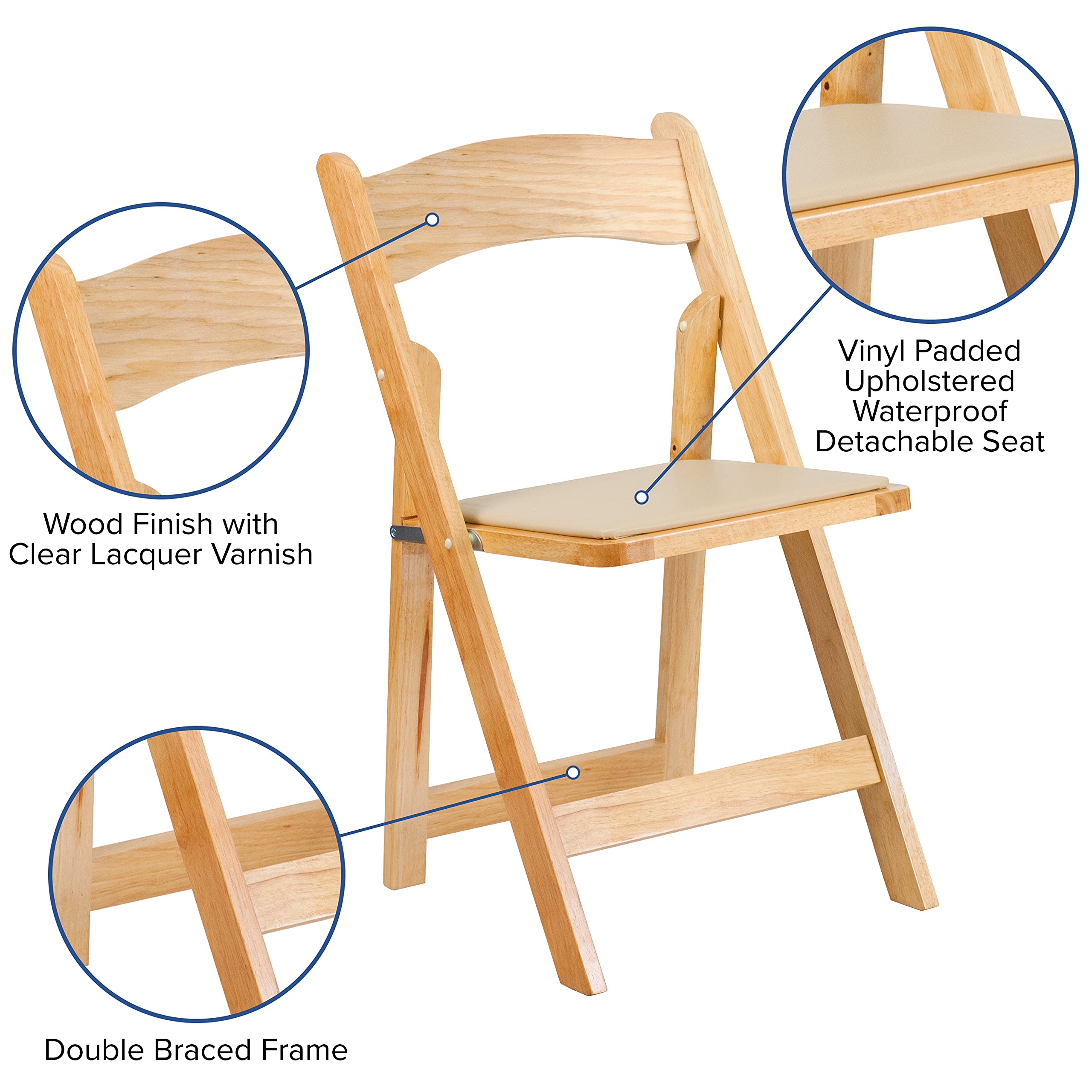 EMMA + OLIVER 2 Pack Natural Wood Folding Chairs with Vinyl Padded Seat - Sturdy & Comfortable for Dining, Patio, Camping, and Outdoor Events